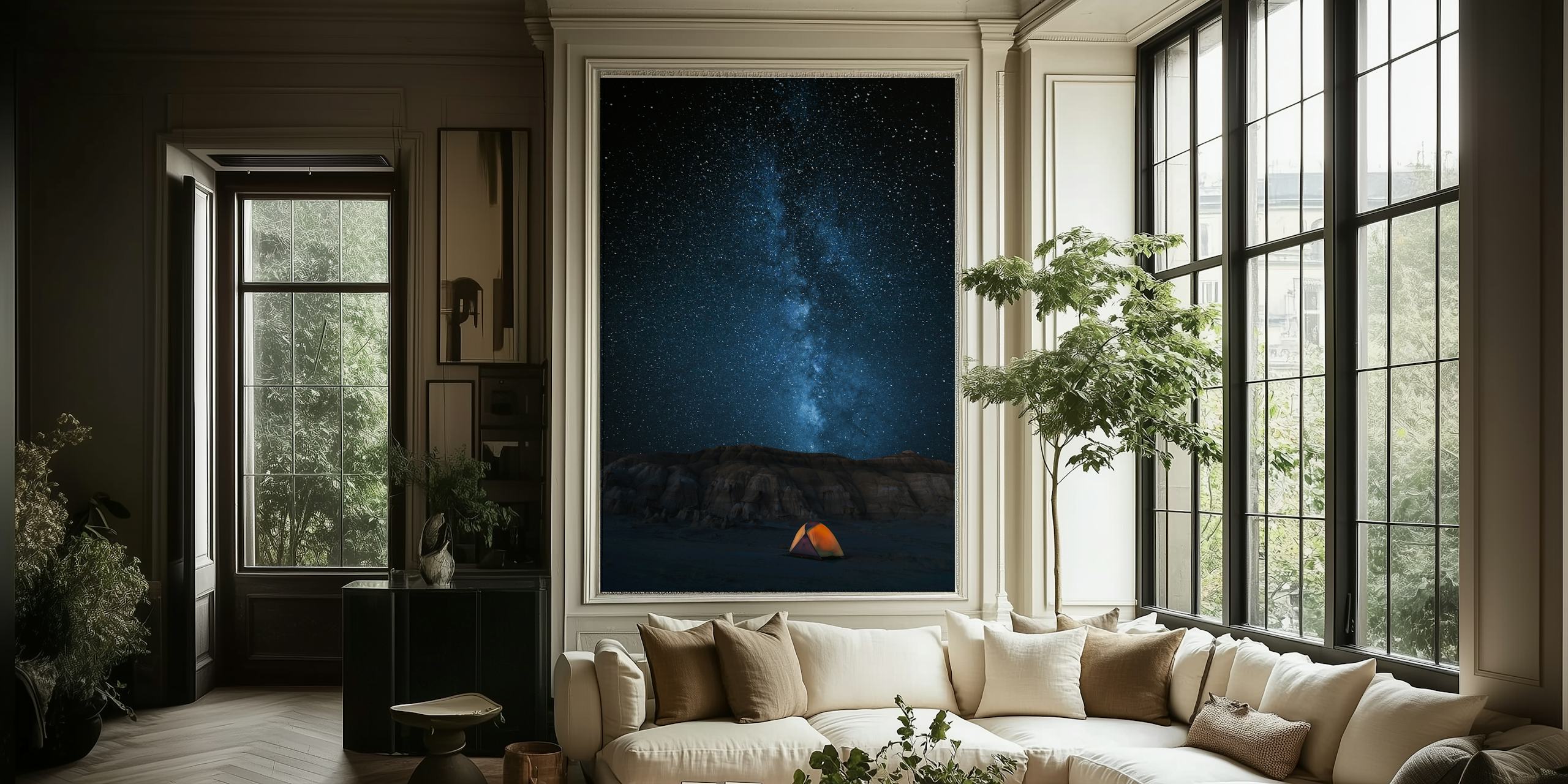 Night sky filled with stars and a glowing orange tent wallpaper