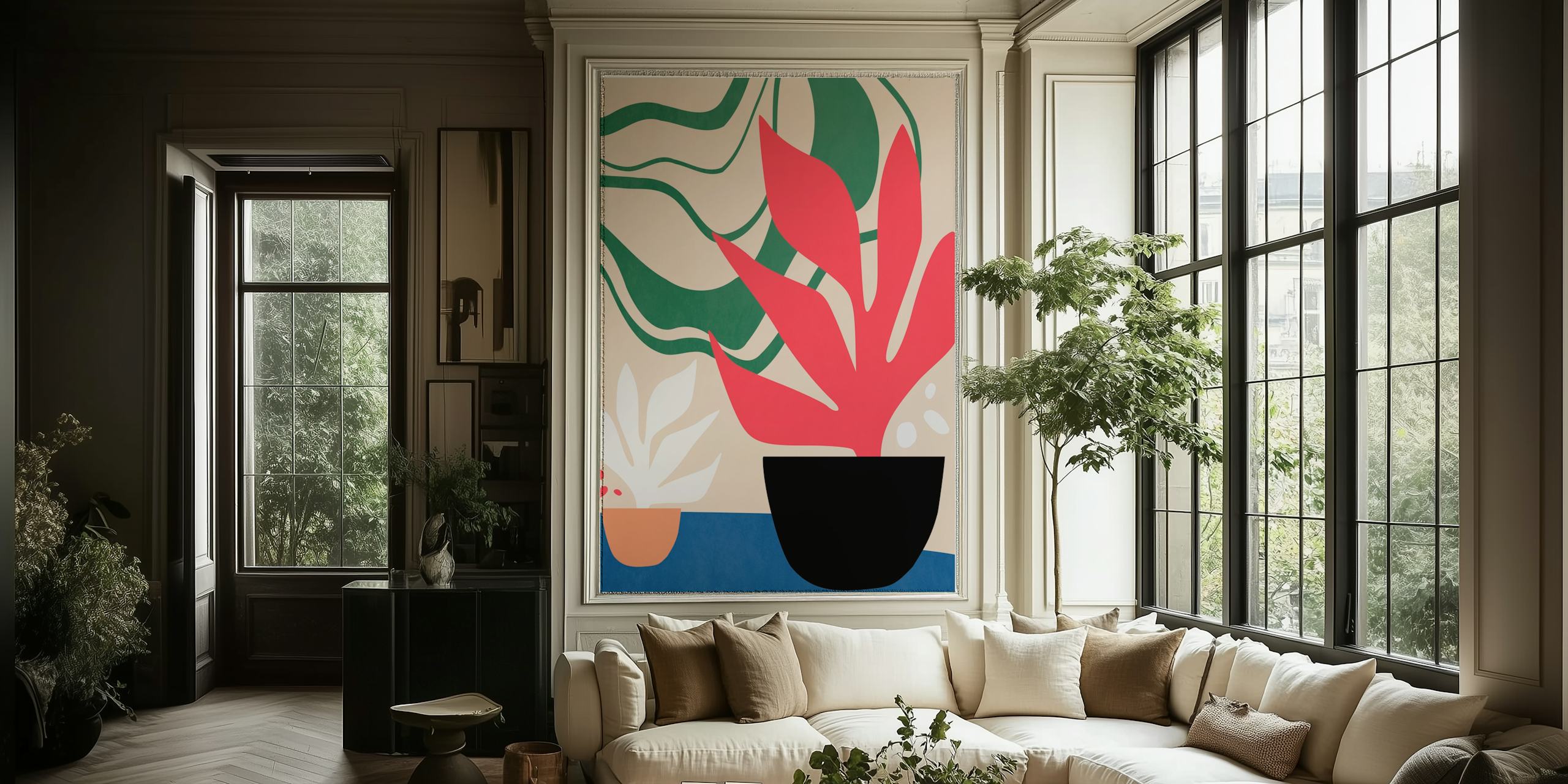 Abstrakt botanisk tapet med röda och gröna växtillustrationer på en neutral bakgrund