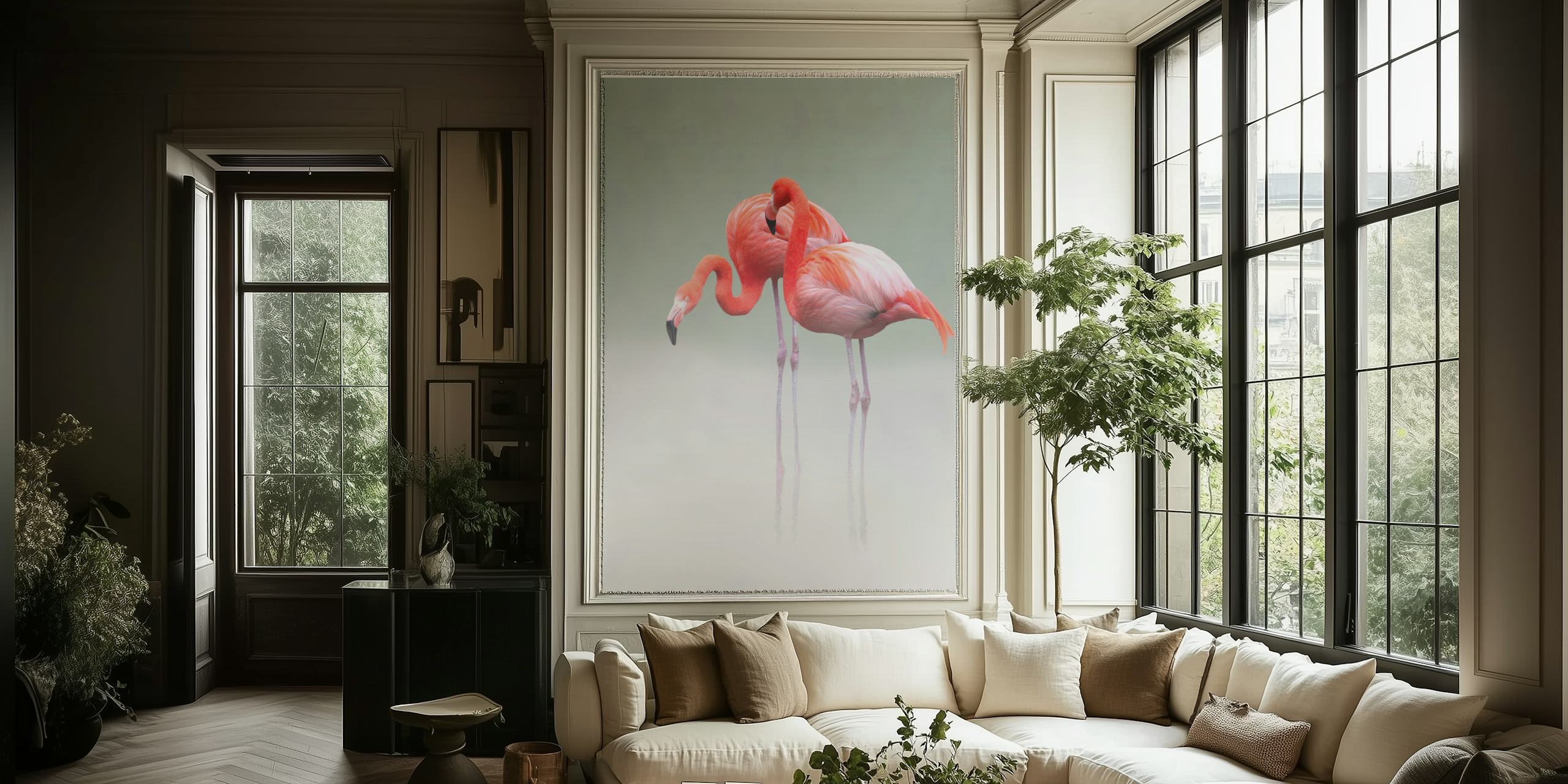 Two pink flamingos standing on a soft mist background, tropical wallpaper