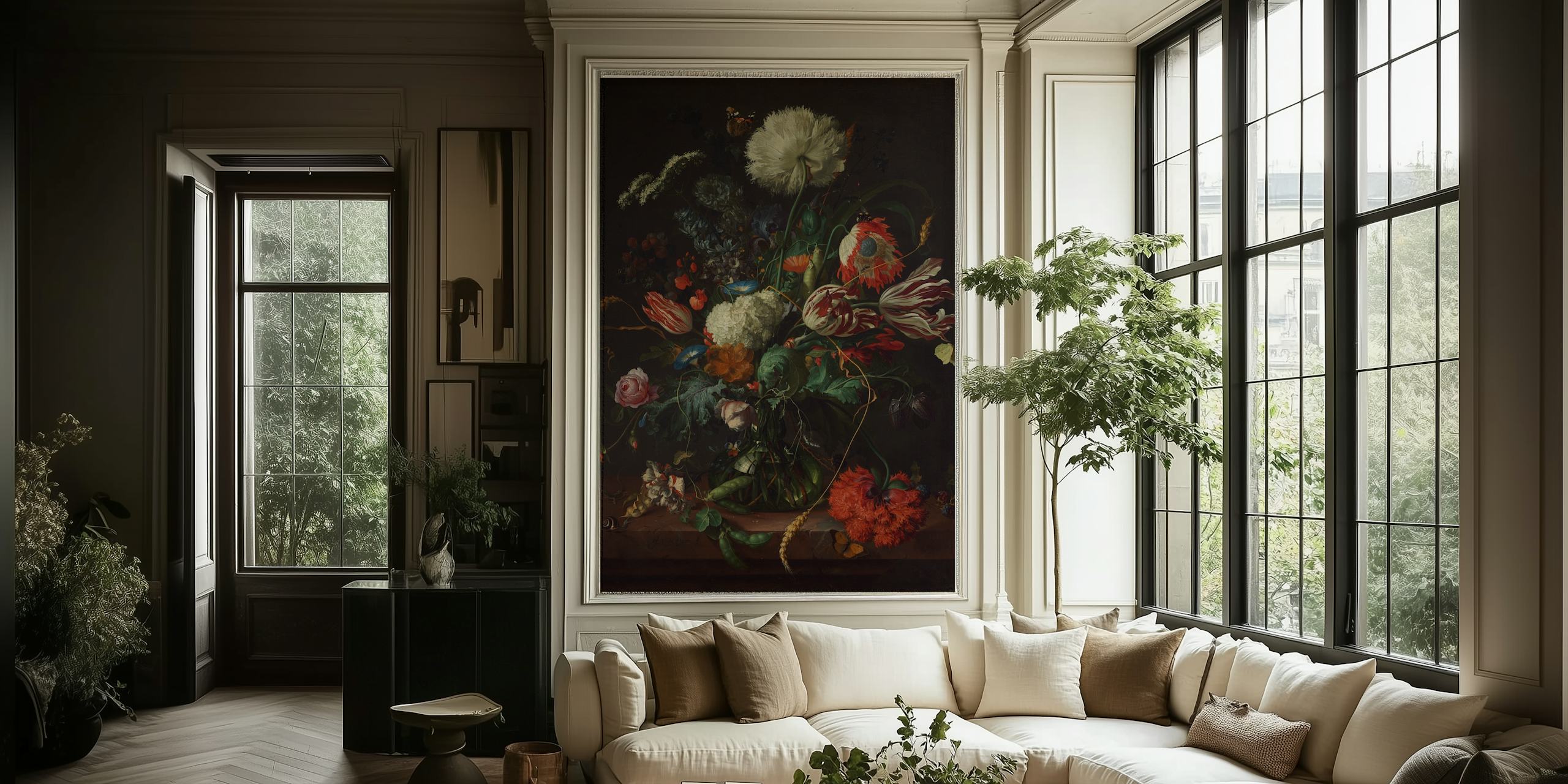 Colorful bouquet of flowers in a vase on dark background wallpaper