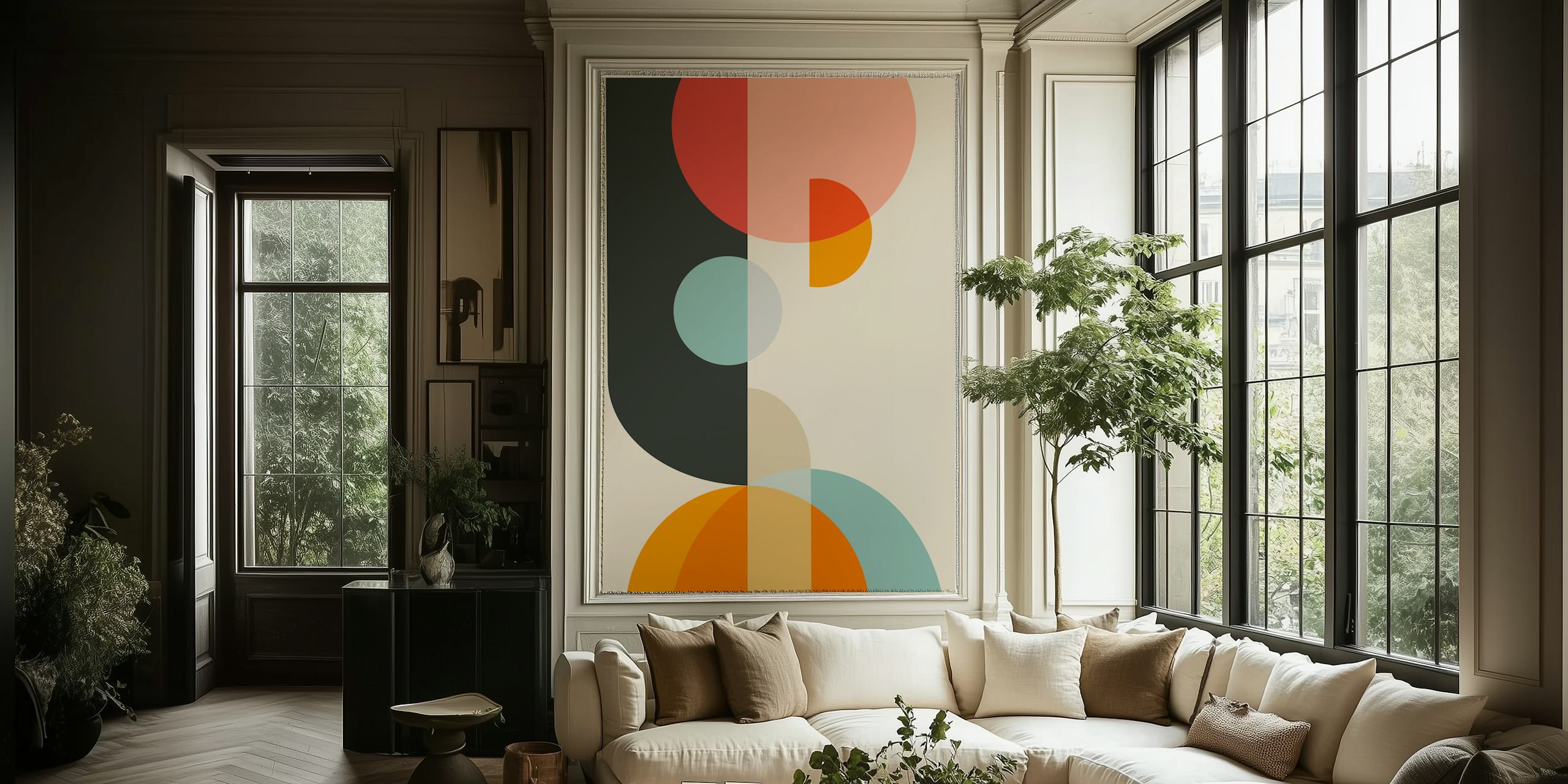 Minimalistyczna fototapeta z geometrycznymi kształtami w delikatnych, neutralnych odcieniach z subtelnymi akcentami kolorystycznymi