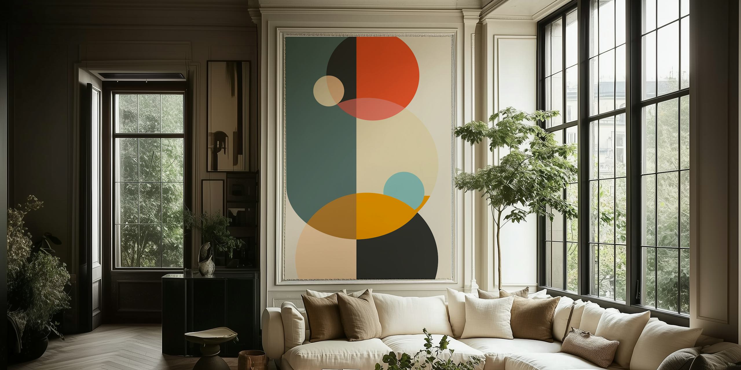 Minimalist geometric wallpaper in a room