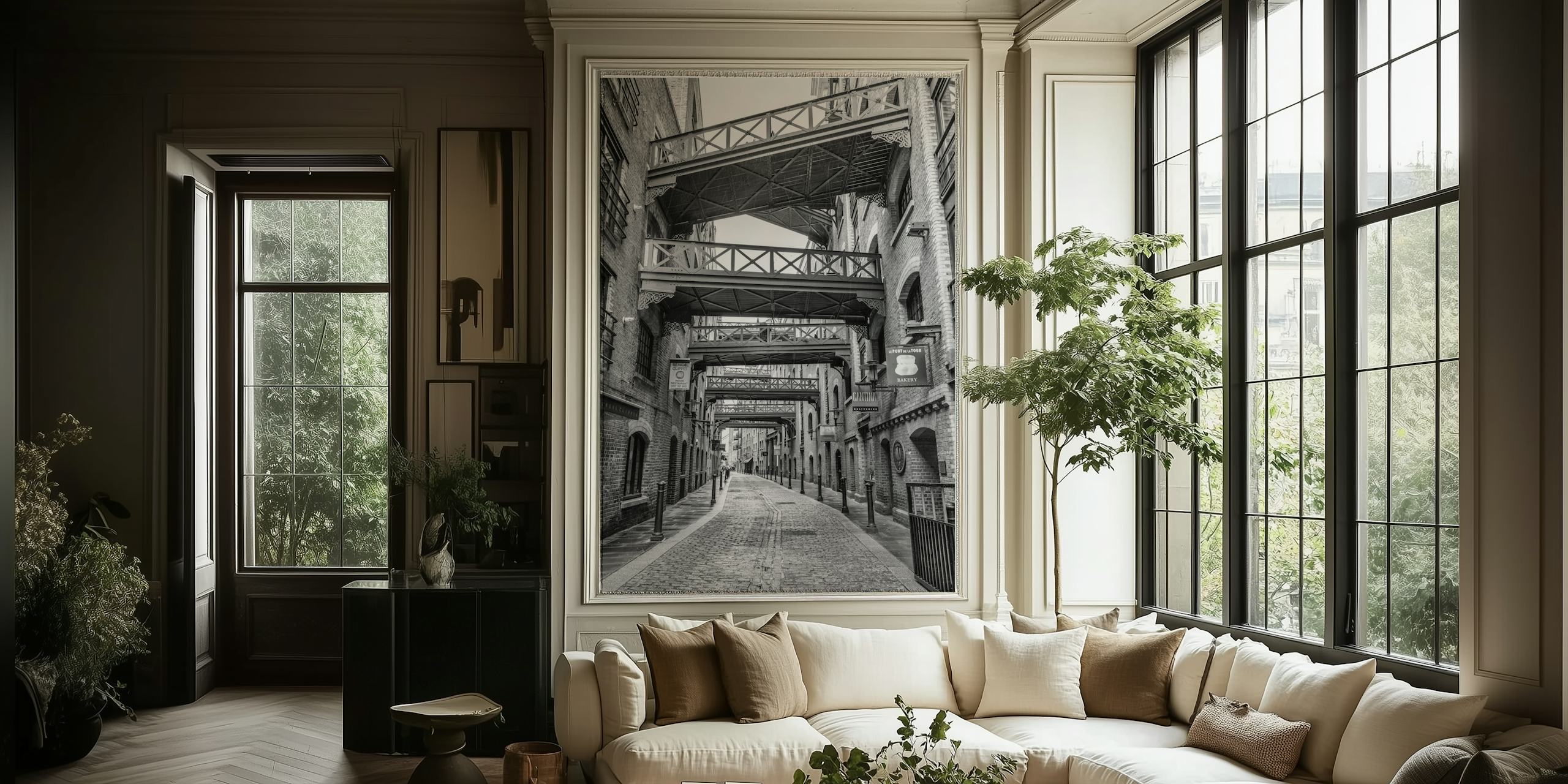Cobbled street wallpaper featuring a black and white photography style with textured buildings