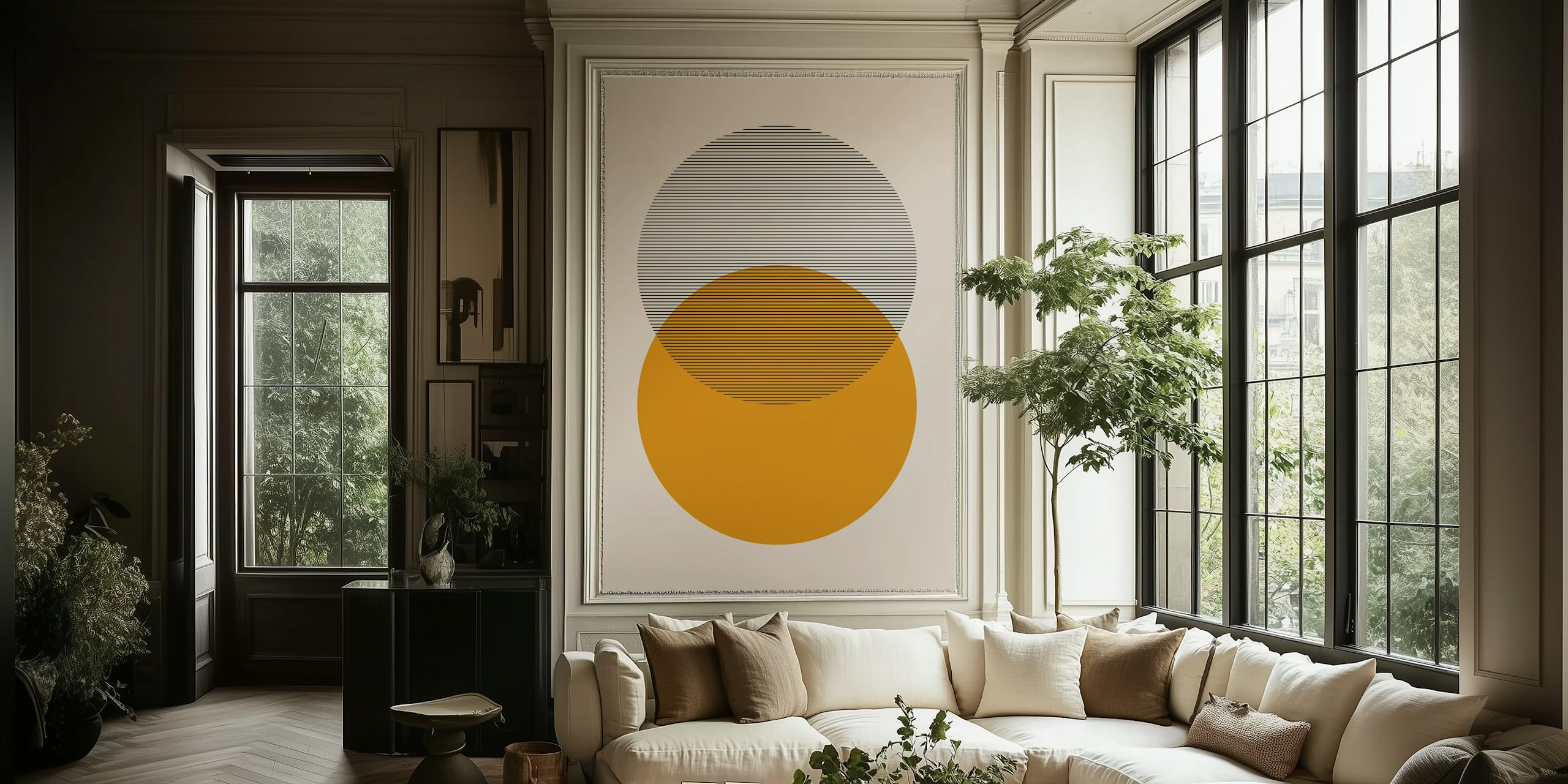 Mid Century Modern Shapes i gult vægmaleri med overlappende geometriske cirkler
