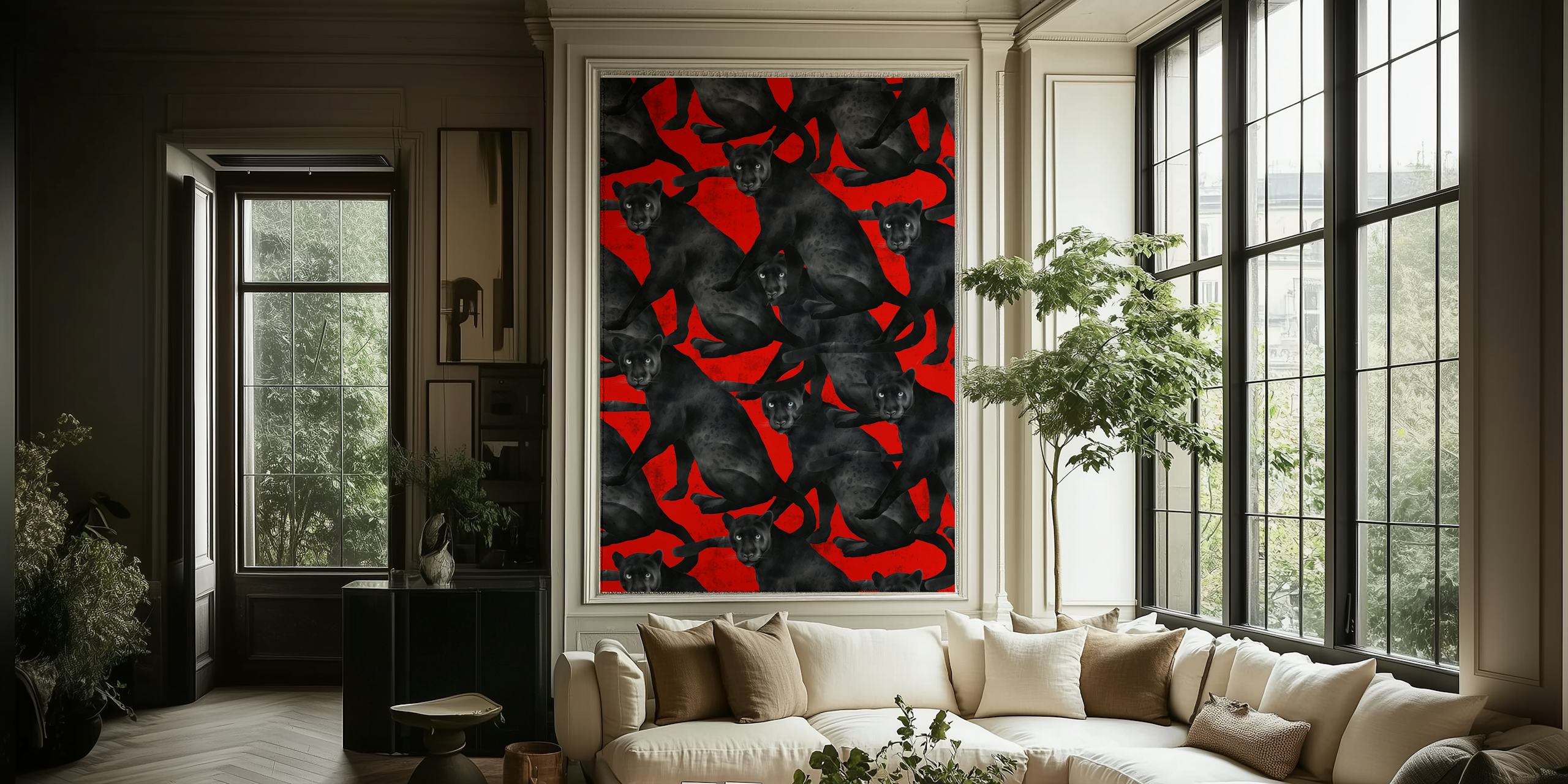 Panther on fire wallpaper design in a room