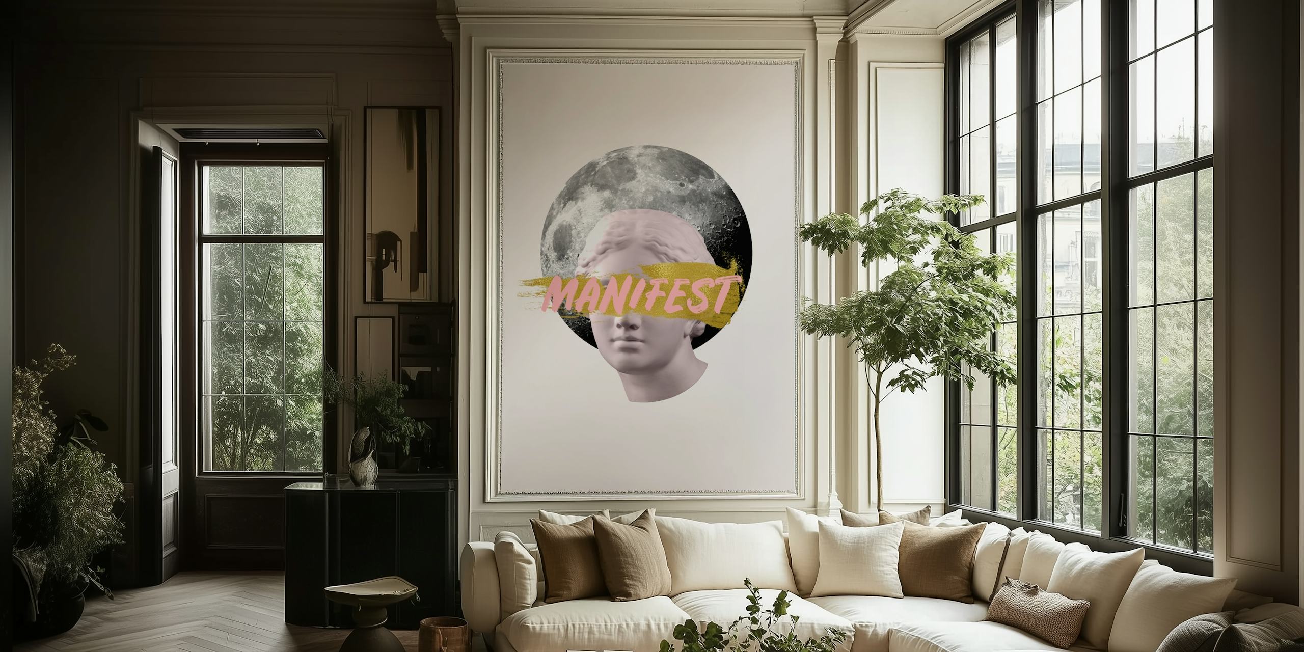 Klassisk Venusstaty och måntapet med djärv Manifest-text mot en minimalistisk bakgrund