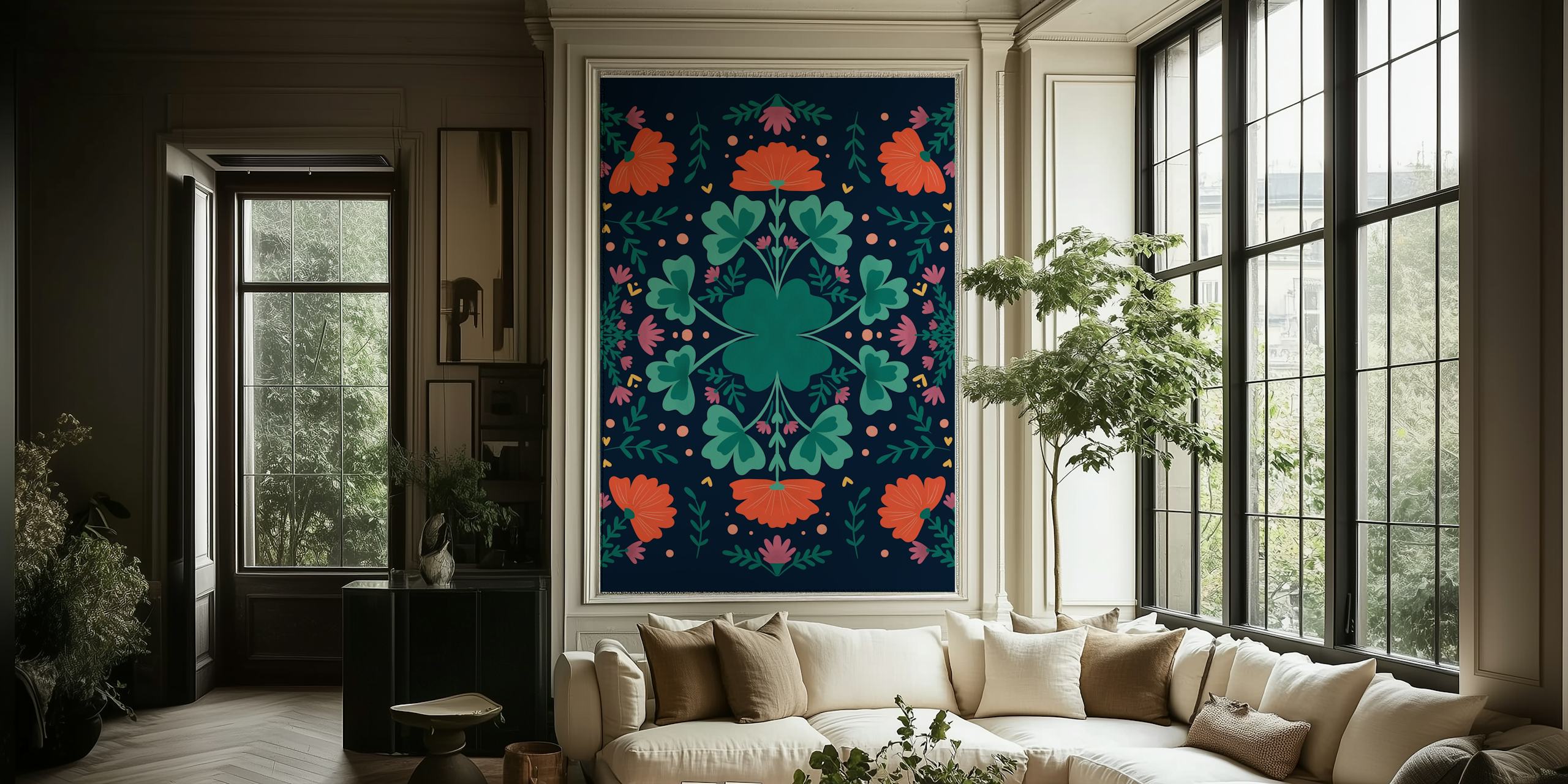 Flowers and clovers wallpaper in a room