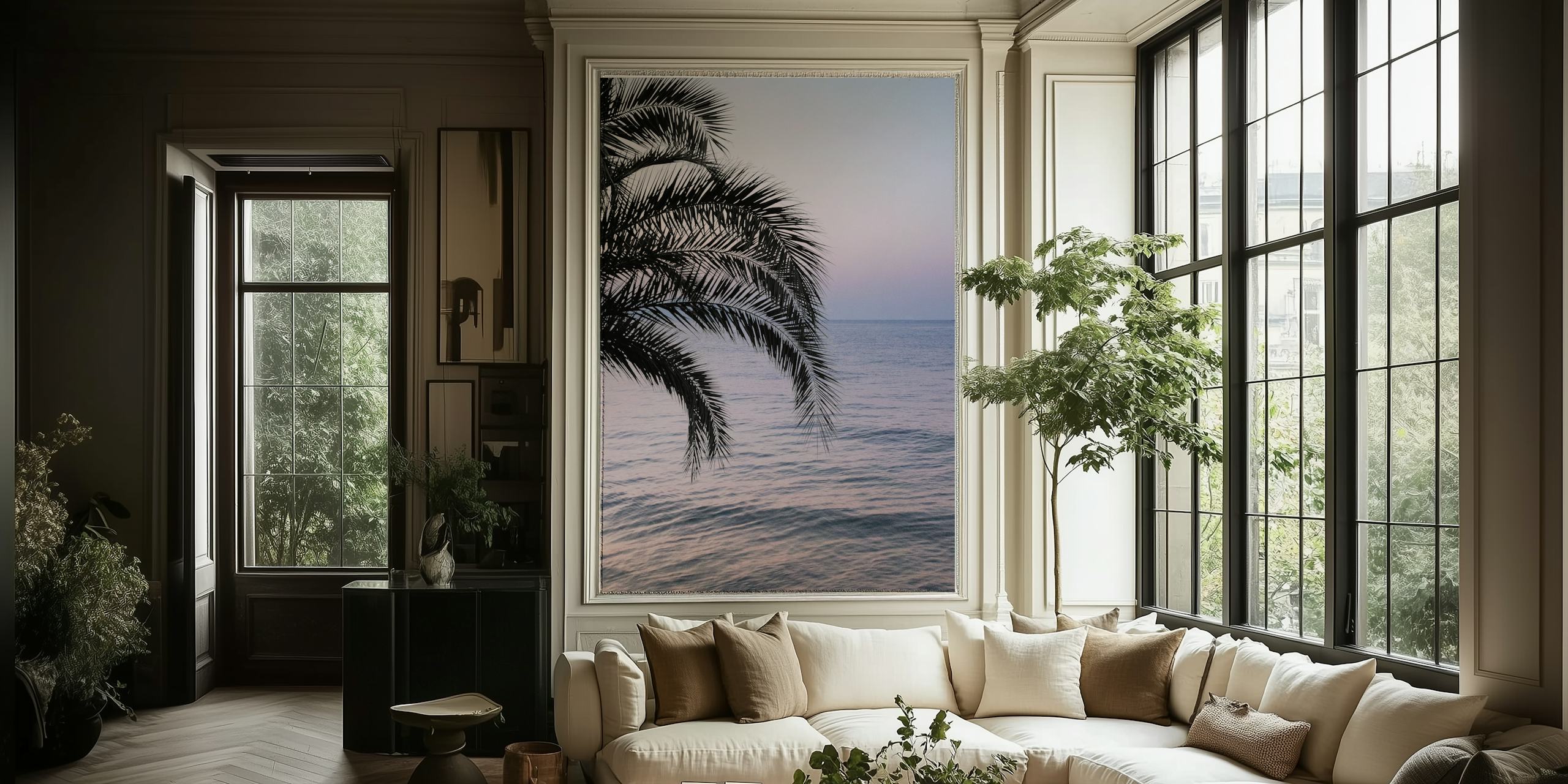 Tropical palm leaves over a soft ocean sunset wallpaper