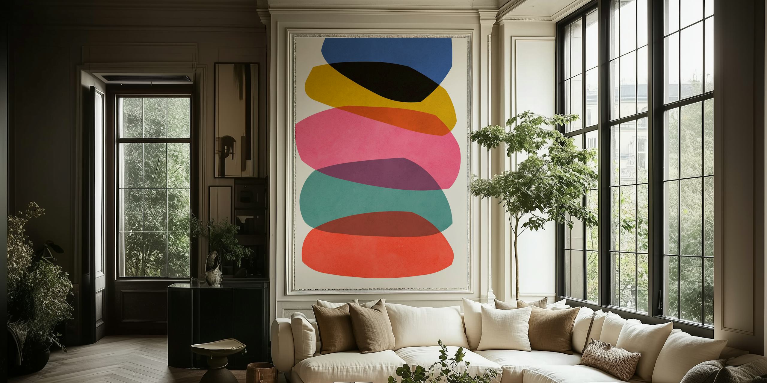 Colorful abstract shapes in layered design on cream background wallpaper