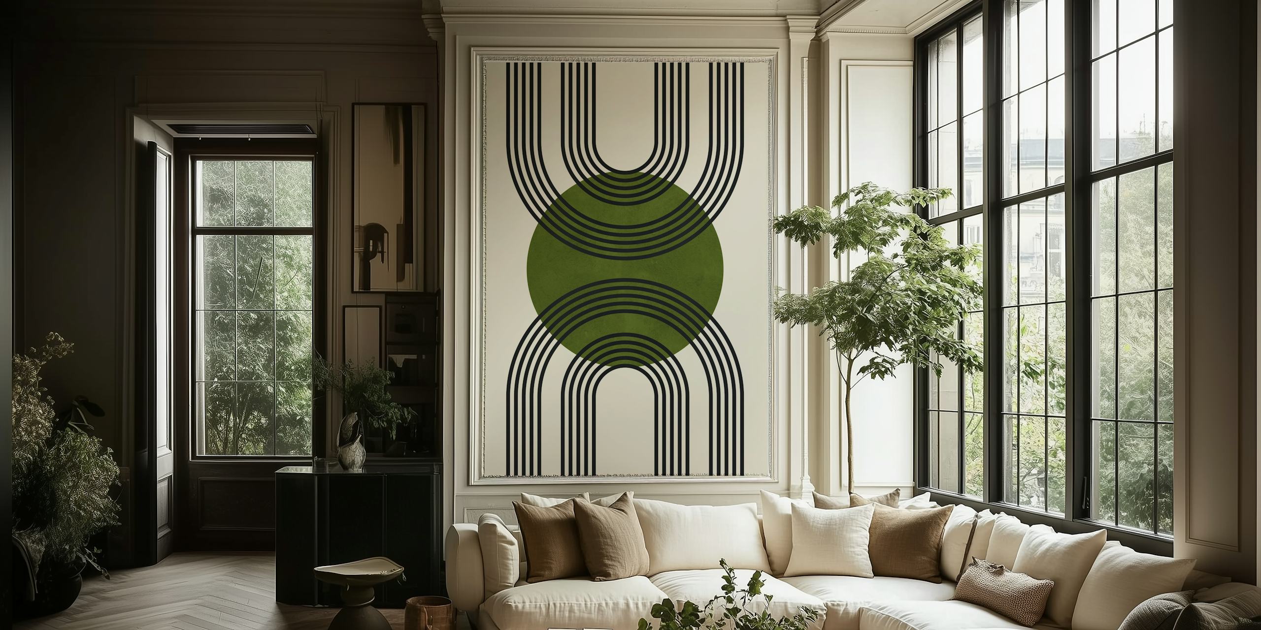 Green and black abstract geometric wallpaper design.