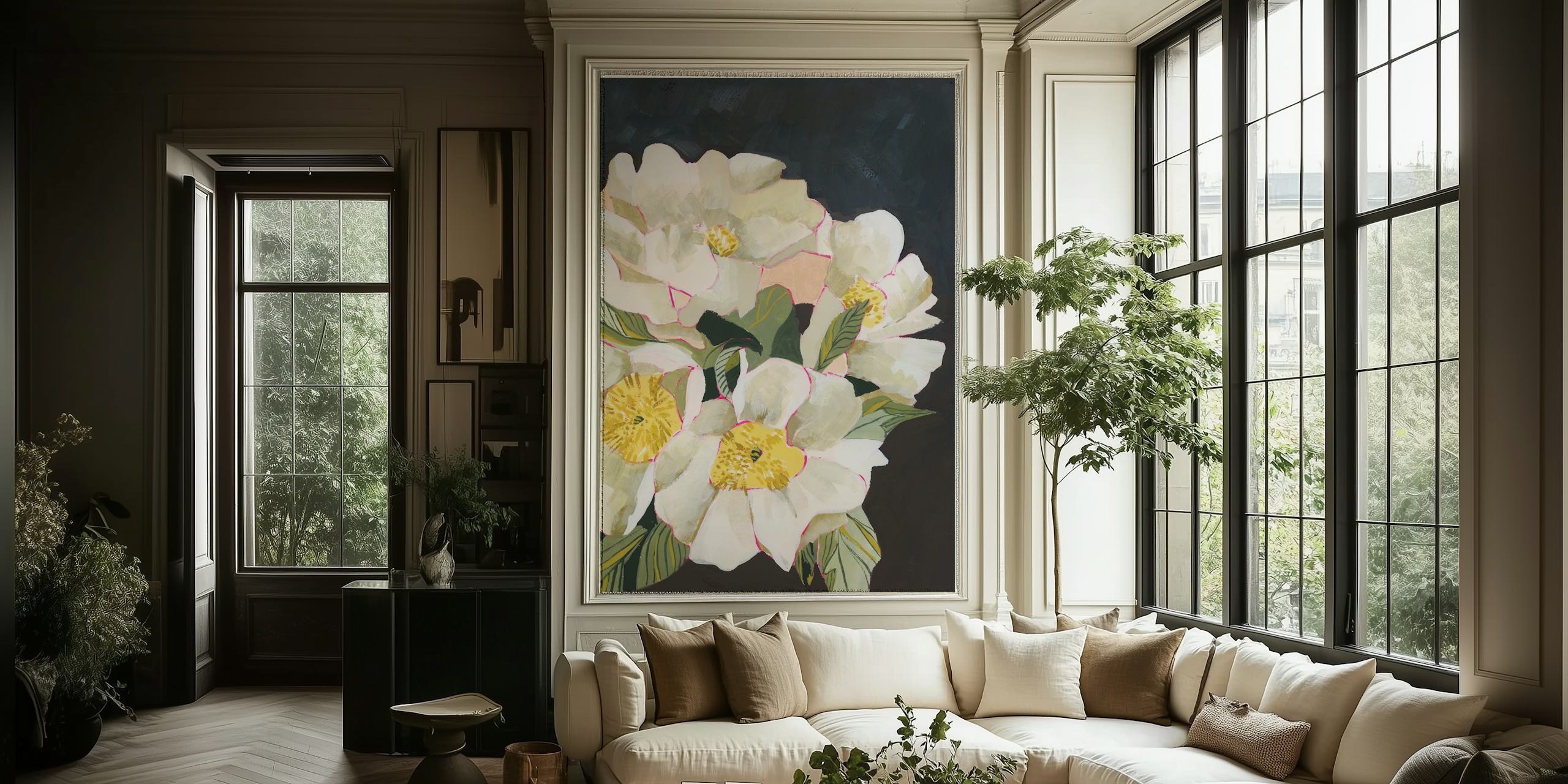 Large white and green flowers with dark background wallpaper