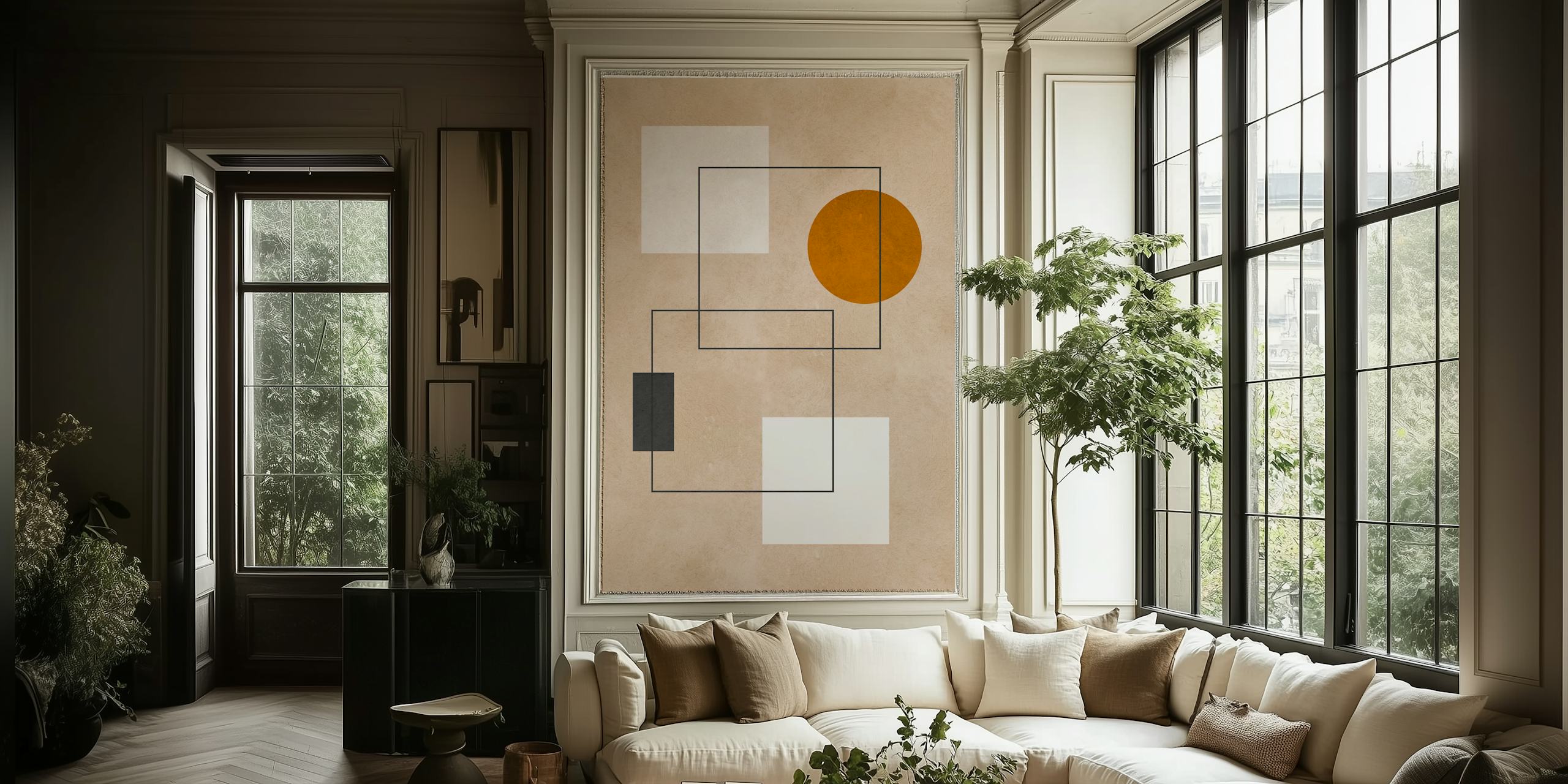 Geometric shapes in beige, black, and white wallpaper