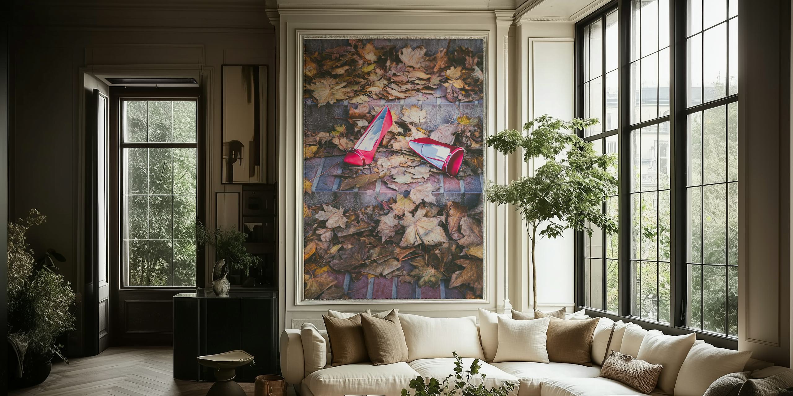 Red shoes wallpaper displayed in a room