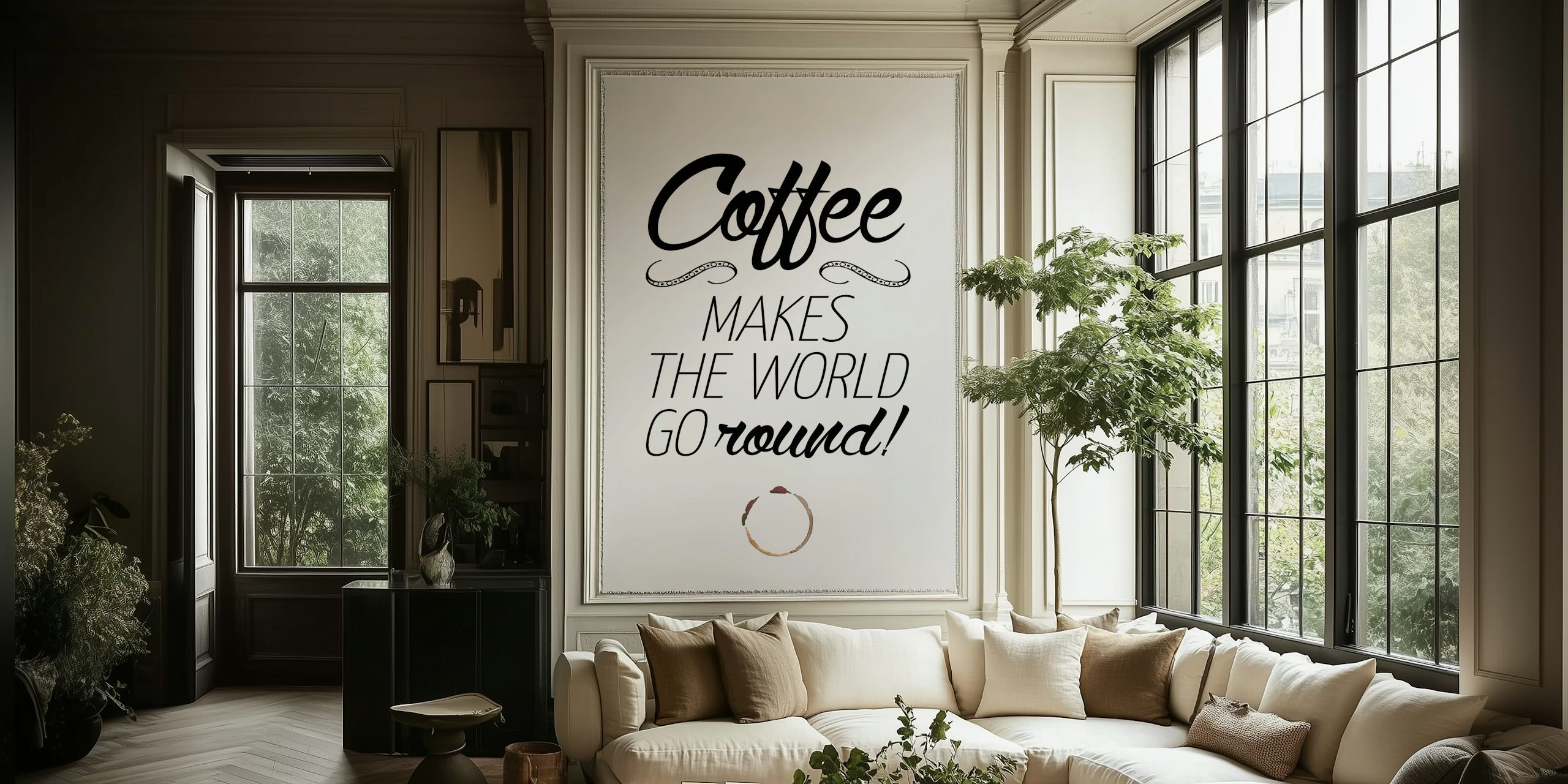 Coffee quote wallpaper with black text on white background, decorative style