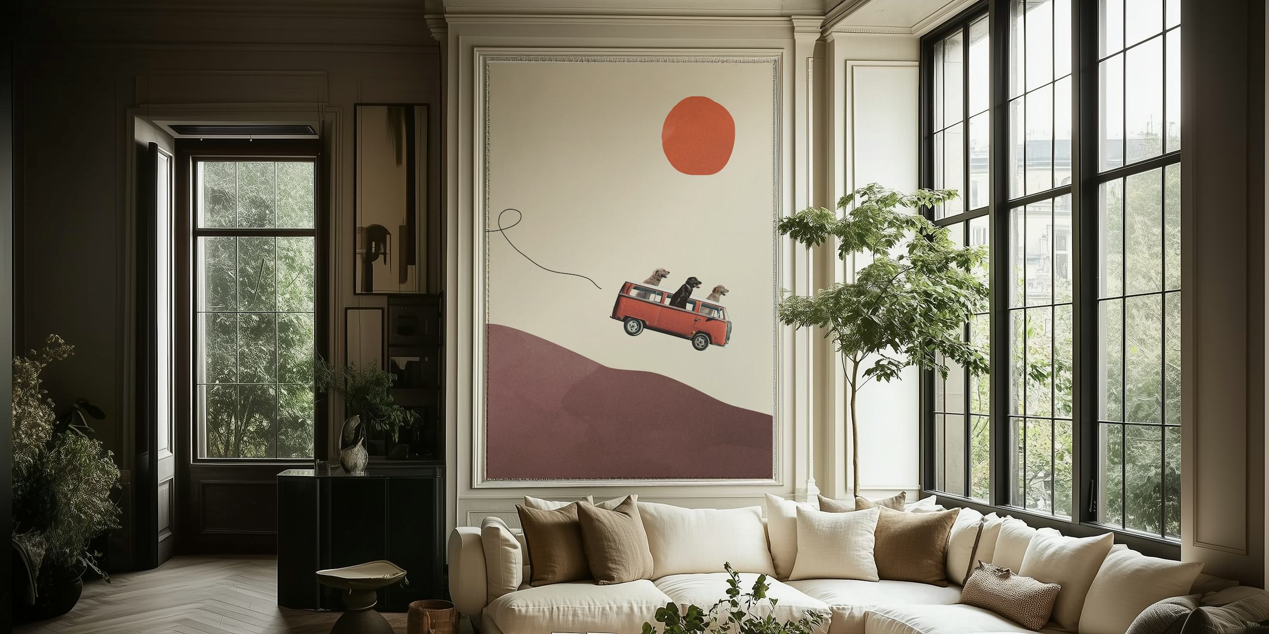 Three dogs in a red van against a pastel background wall mural
