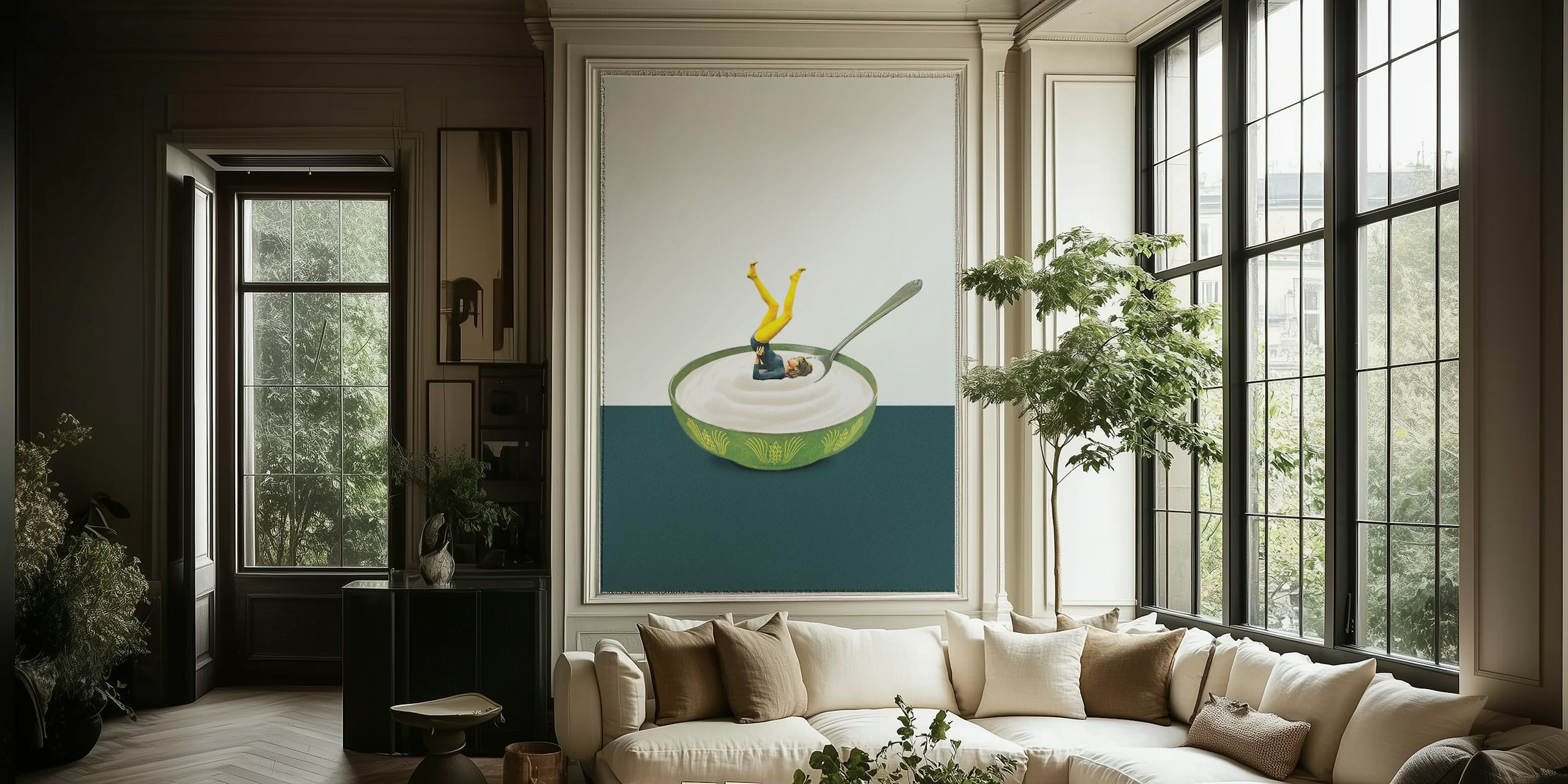 Illustration of a green bowl with yogurt and a figure. Quirky wallpaper.