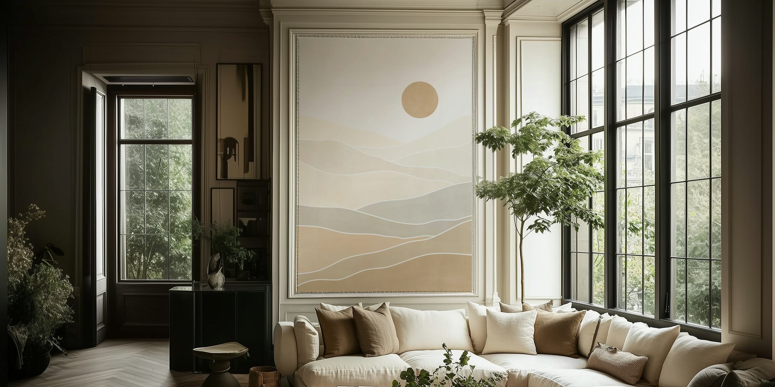 Abstract beige landscape wallpaper in a room