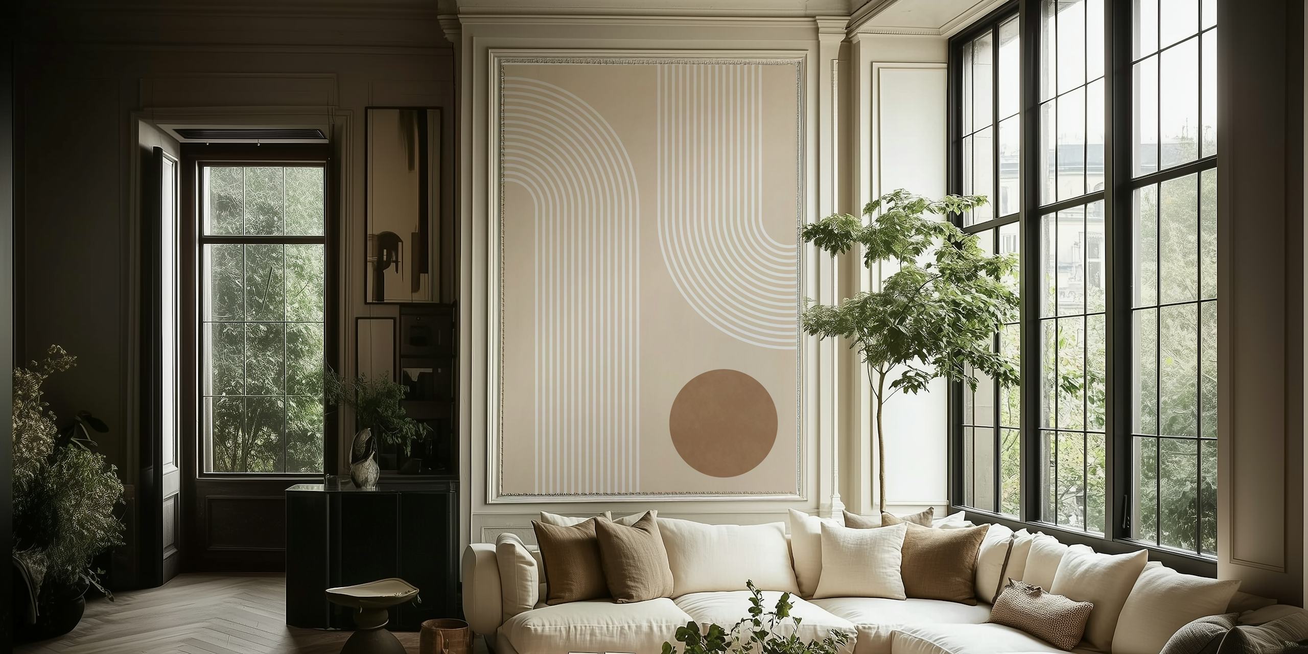 Beige Arc Poster No1 wall mural with abstract curved lines and circle