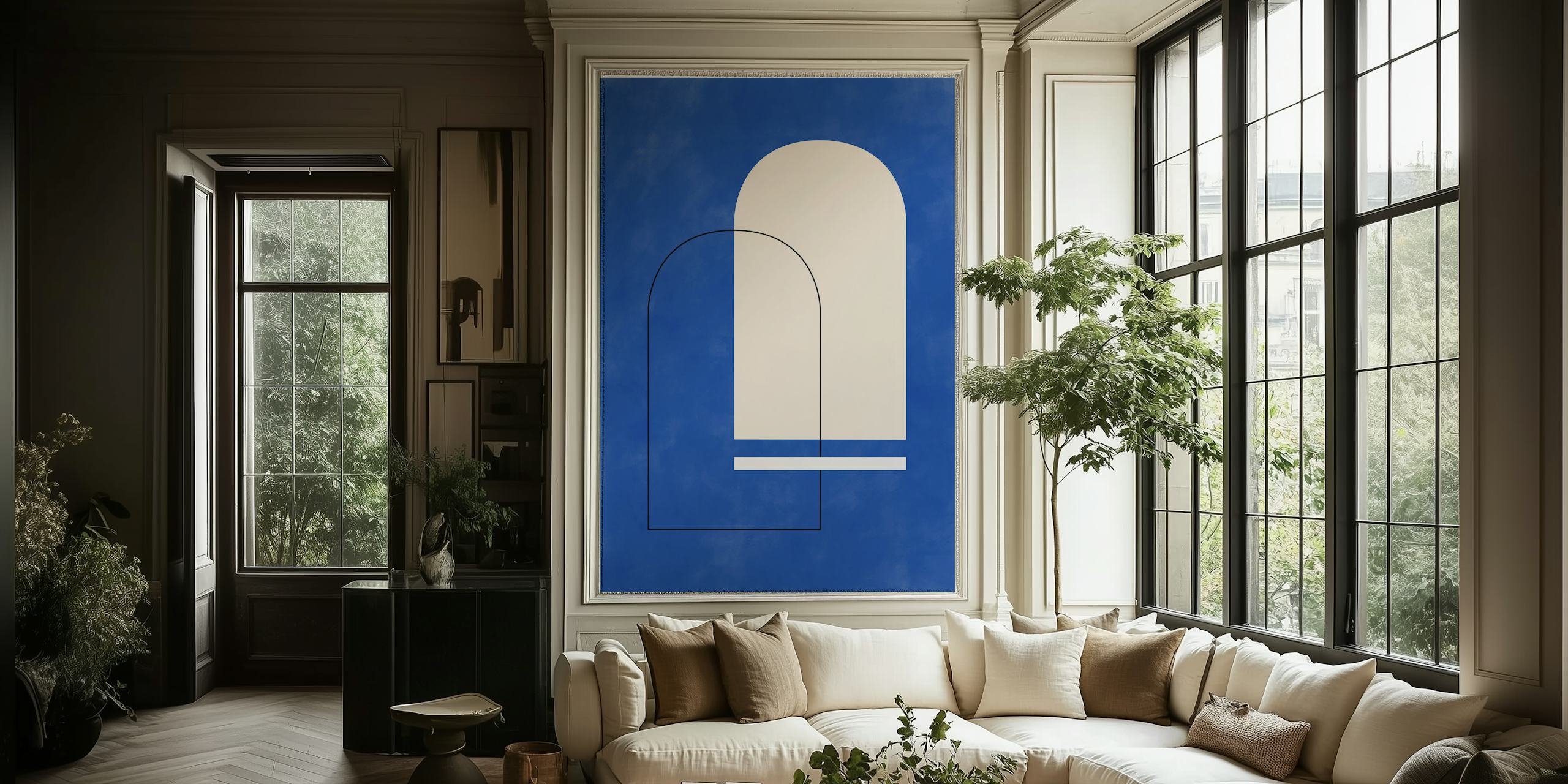 Geometric blue and cream shapes with outlines wallpaper