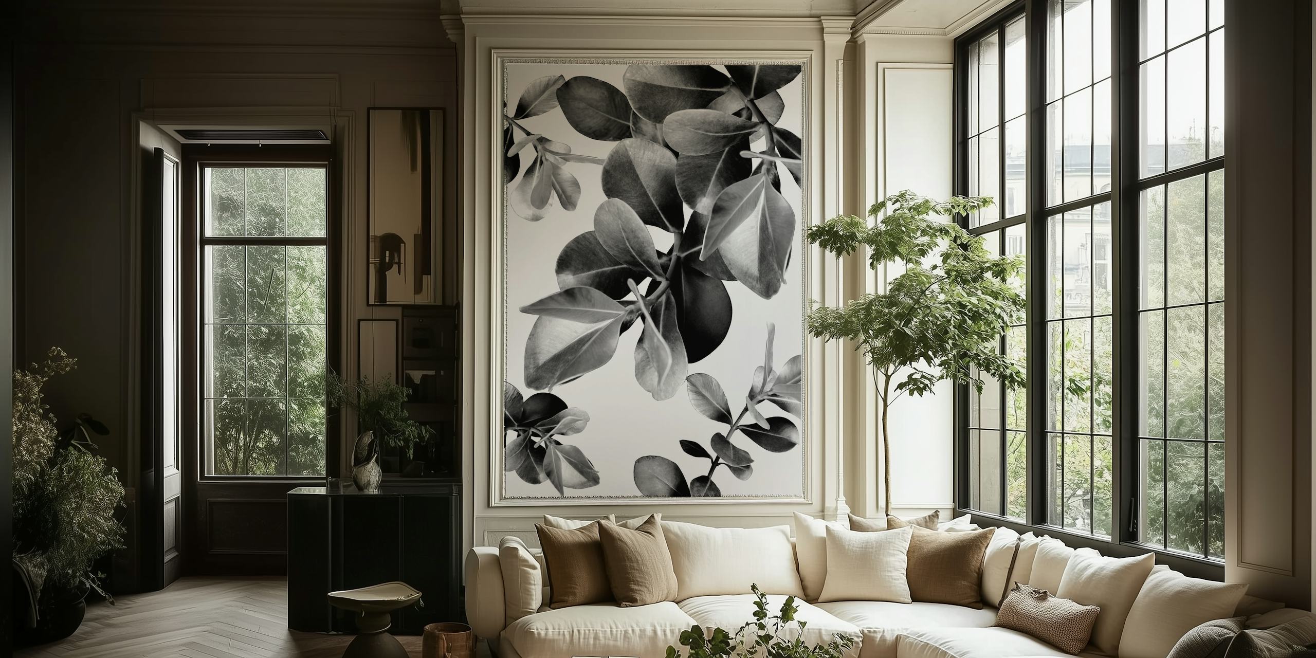 Monochrome wall mural of ficus leaves with serene and natural design from happywall.com