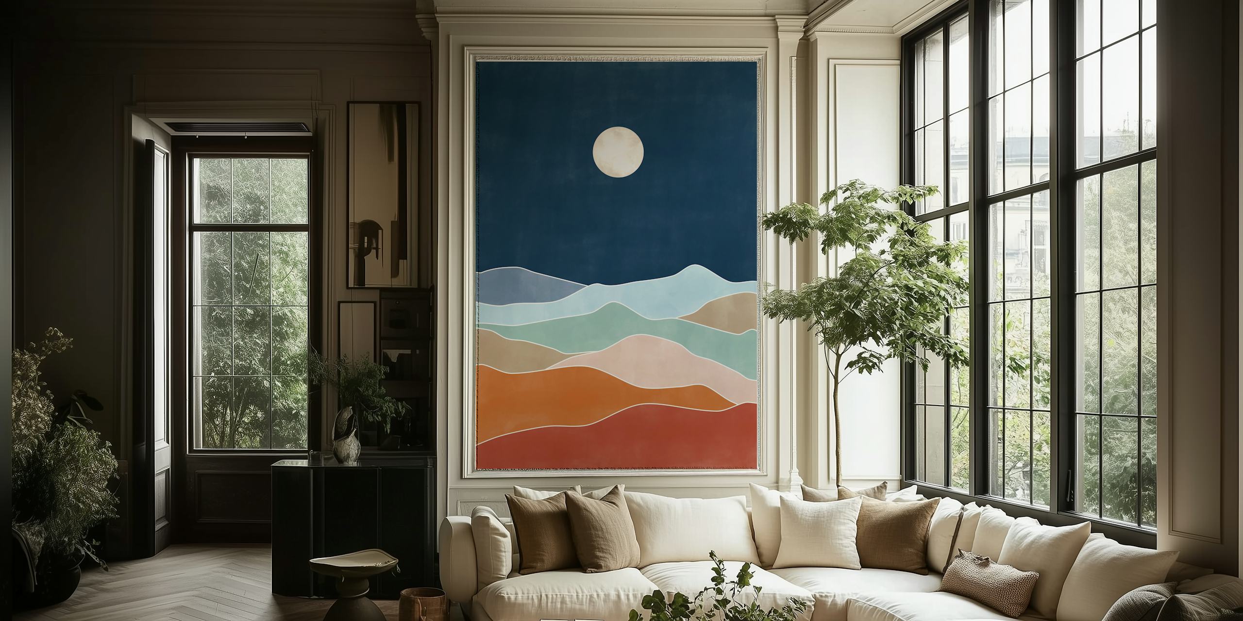 Abstract layered hills under moonlit sky wall mural