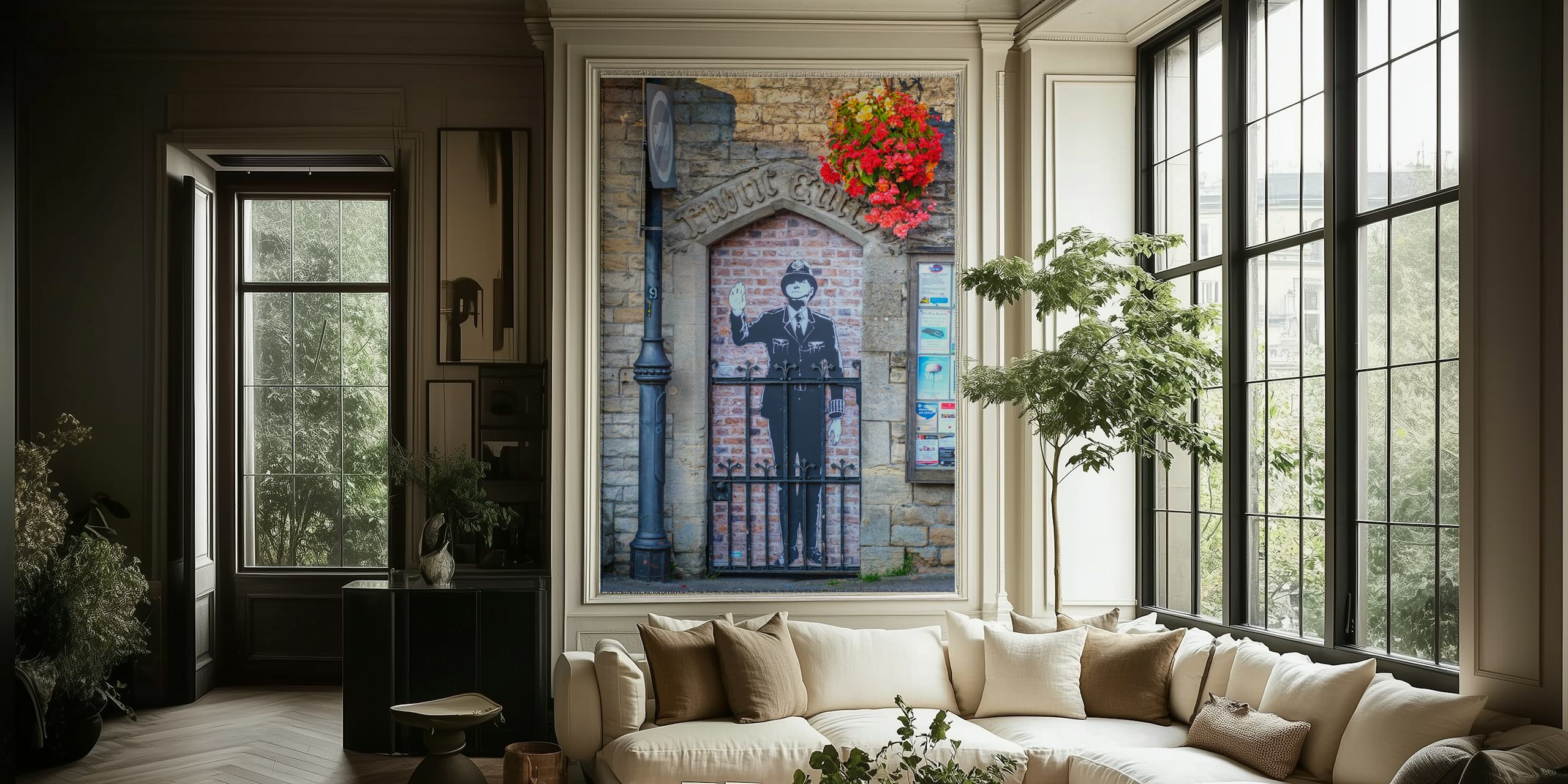 Cotswold village wall mural with a faux guard figure and floral accents