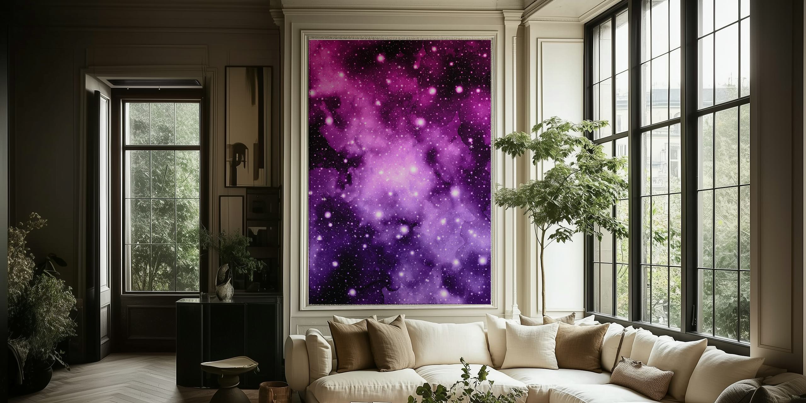 Purple Pink Galaxy Nebula behang in een kamer