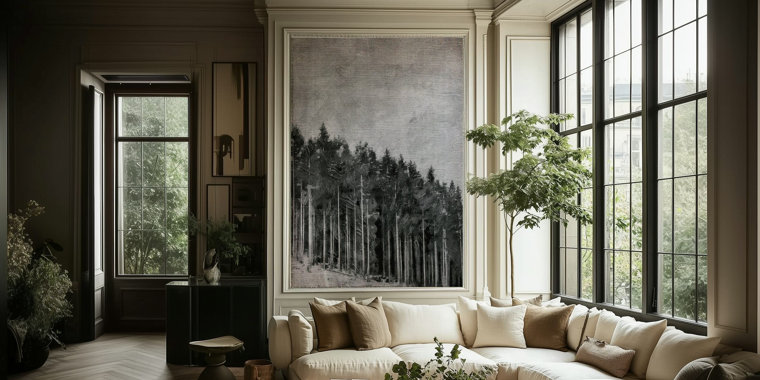 Gray pine tree forest wallpaper with tall trees