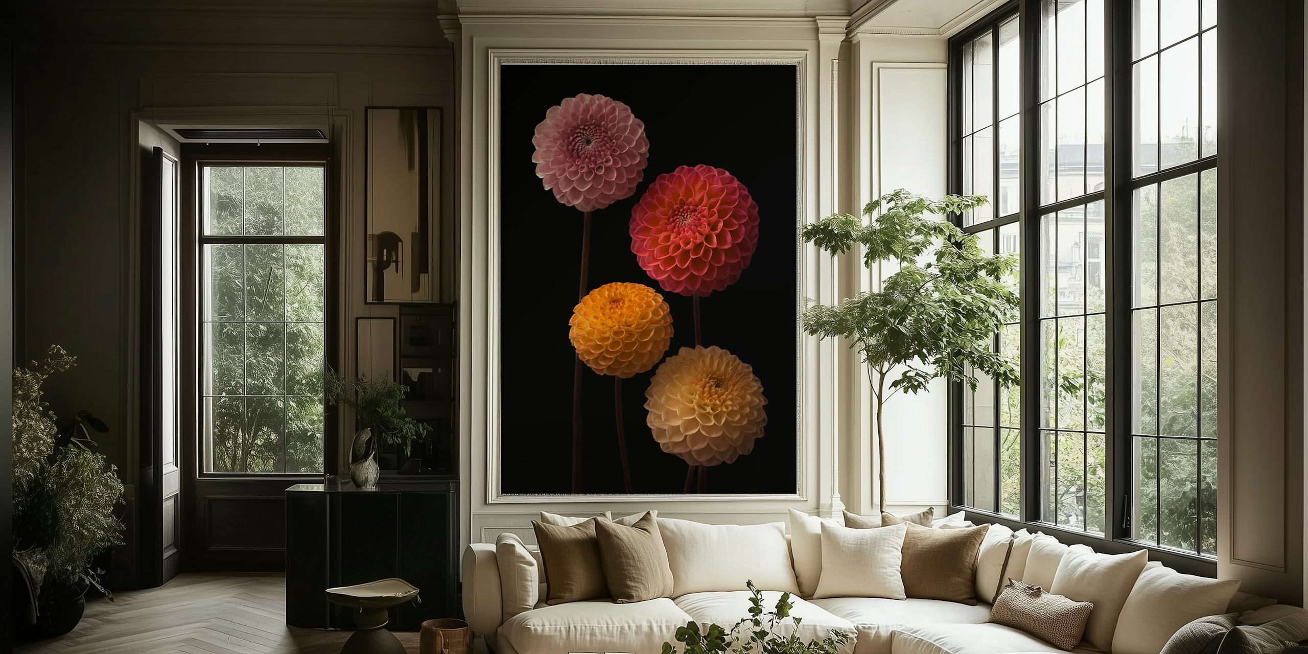 Bloemenbehang met Dahlias in Harmony in zachte kleuren.