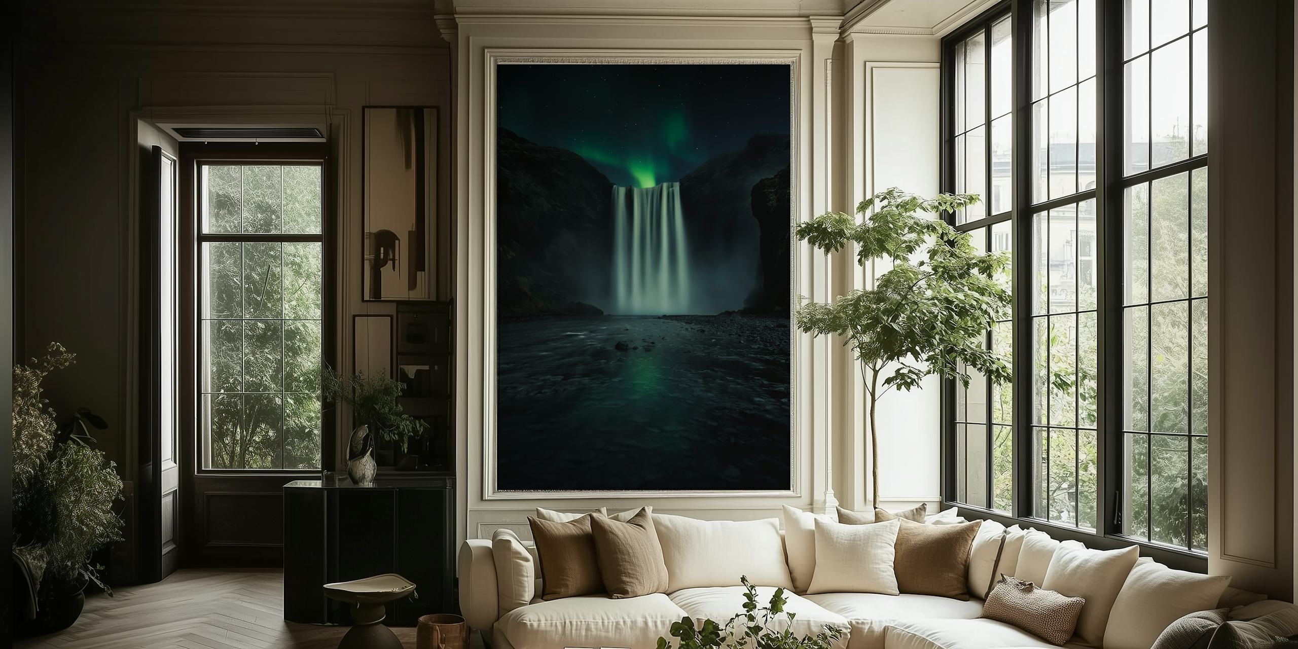 Green night wallpaper displayed in a room