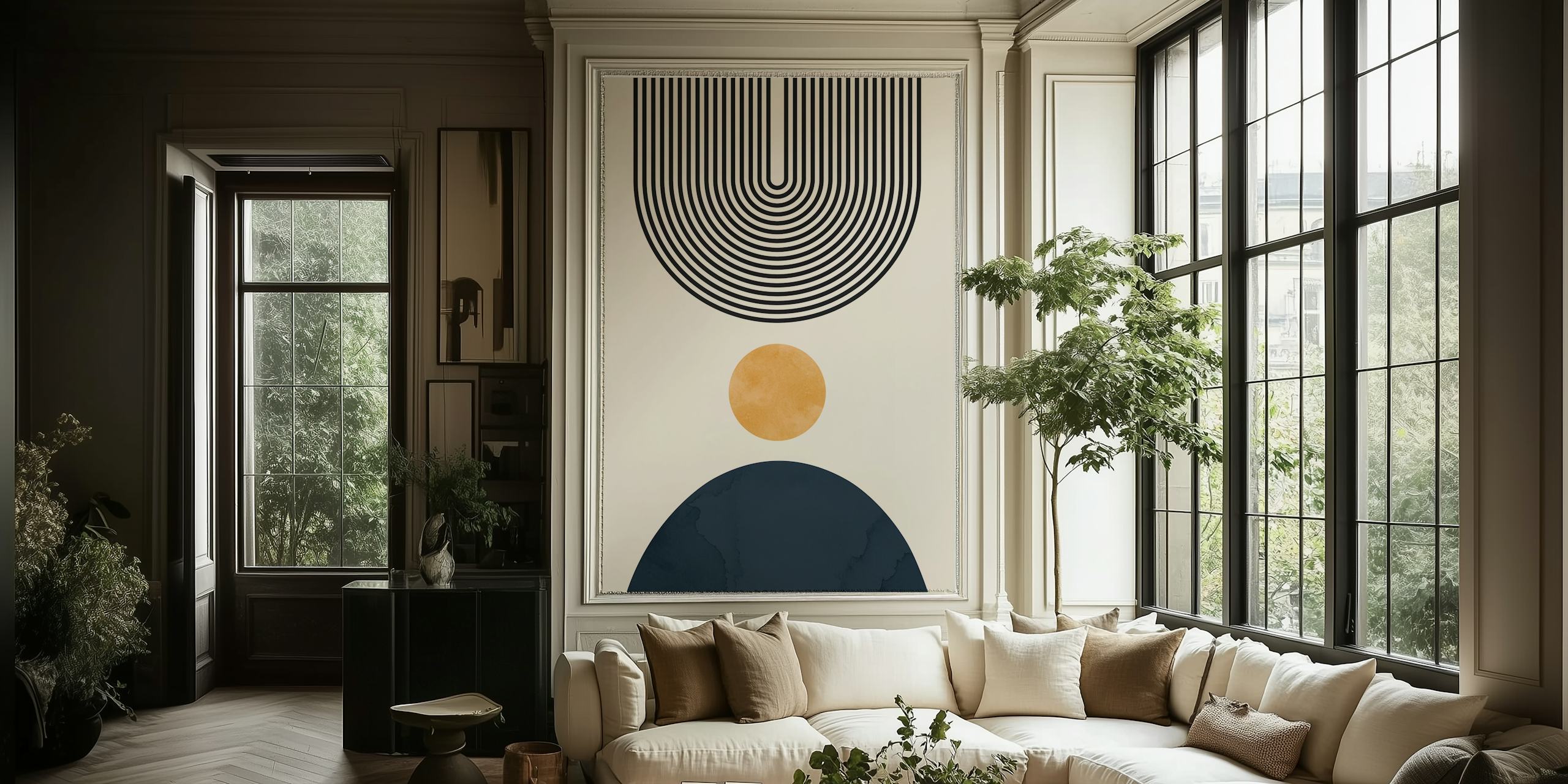Geometric lines and circles in black and gold on beige wallpaper