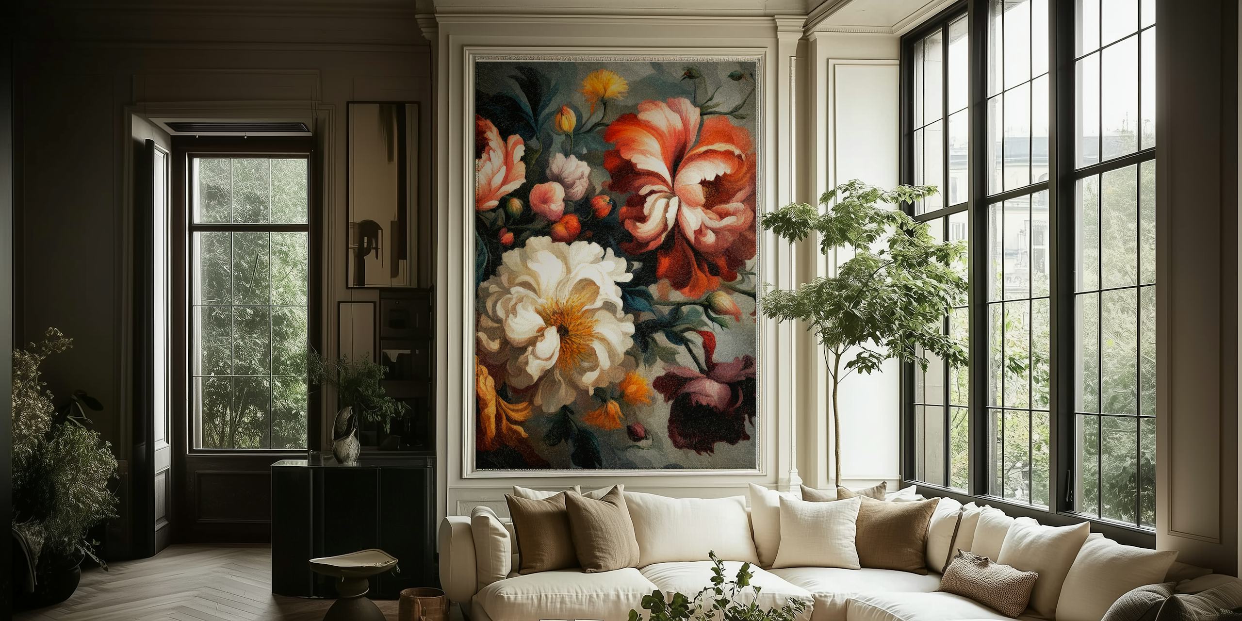 Moody Baroque Flowers tapetti huoneessa