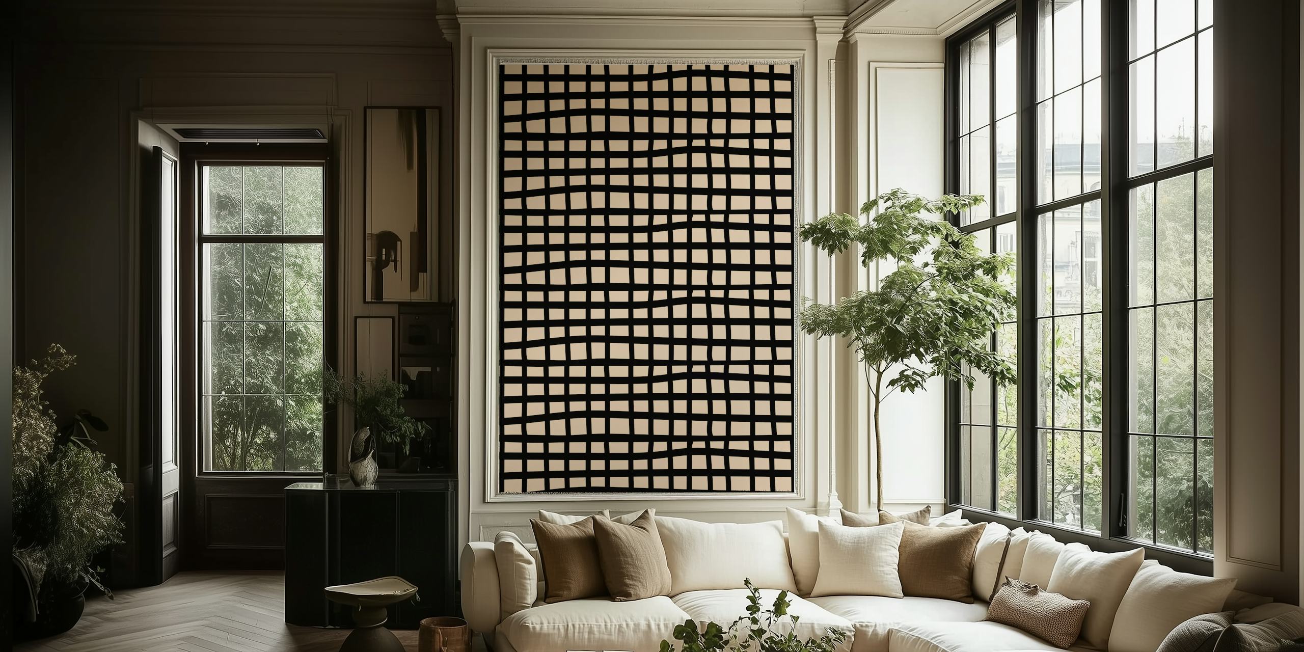 Abstract cream and black geometric wallpaper in a room