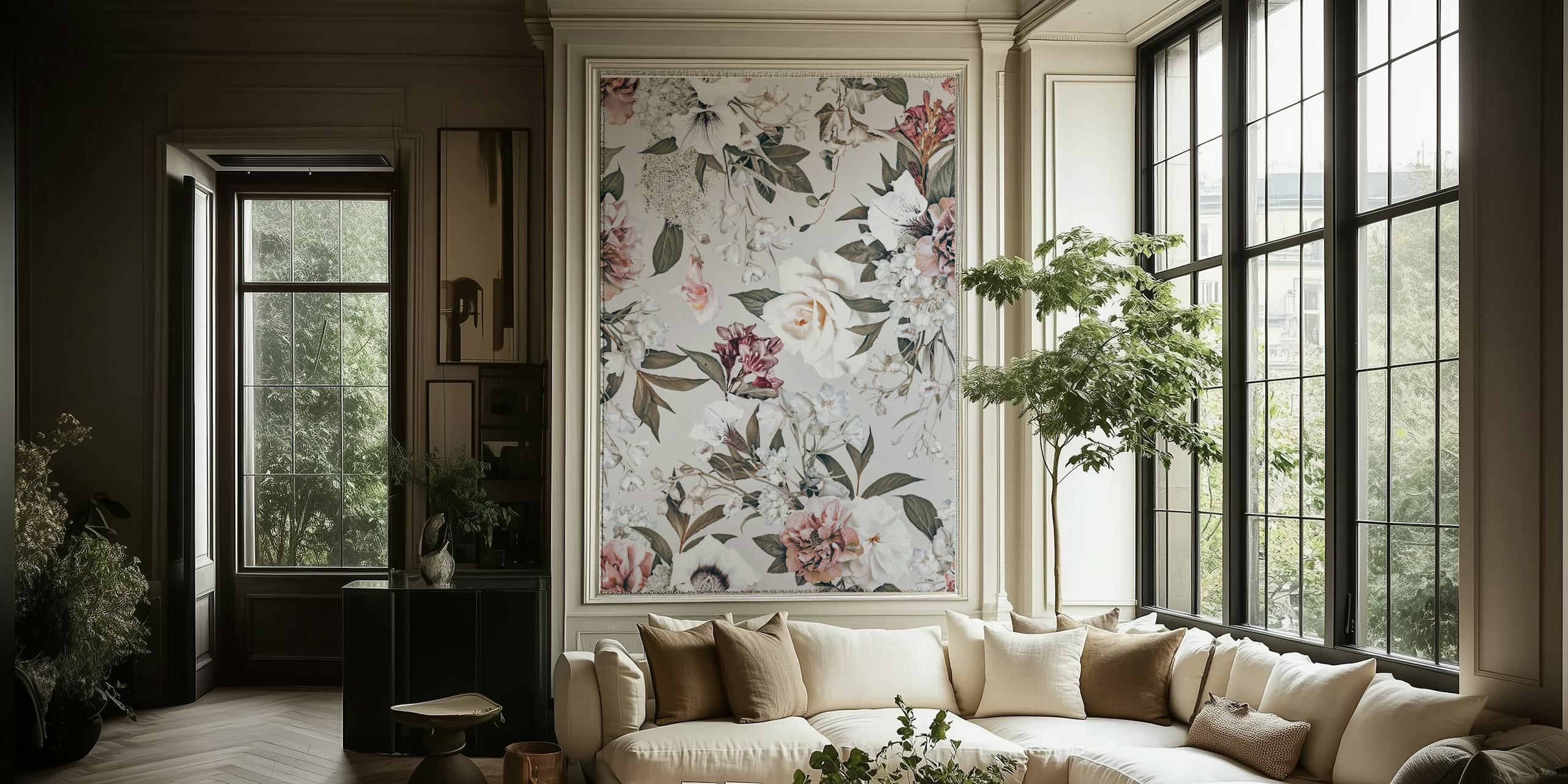 Floral vintage wallpaper in soft pastels with rose and pink hues