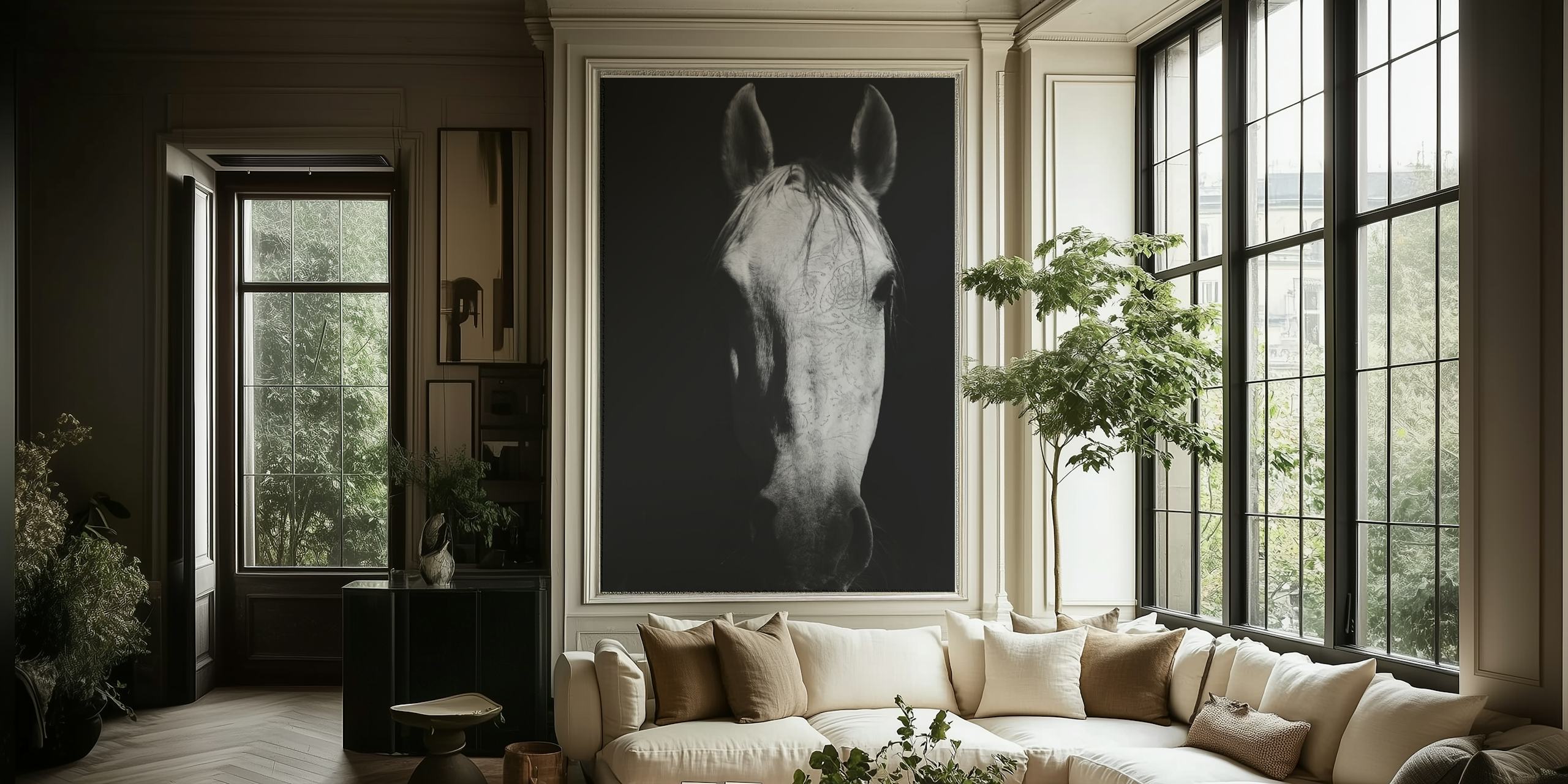 Hoofd van een wit paard met tattoo-achtige patronen, zwart-wit wallpaper