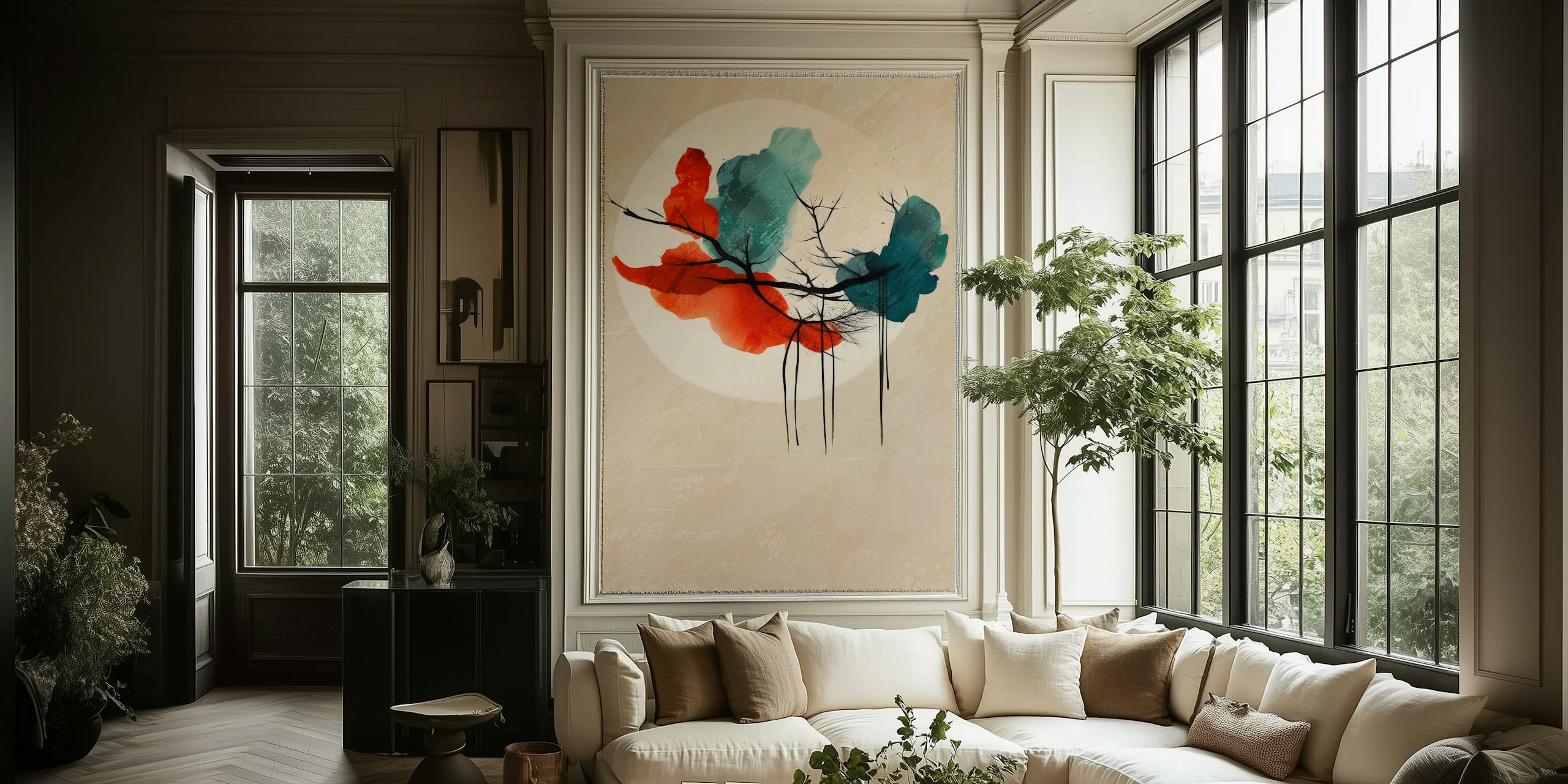 Abstract wallpaper in soft colors with branches and moon design