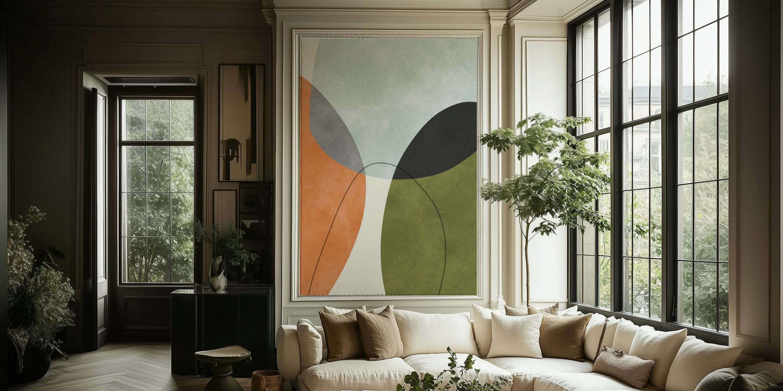 Boho Shapes 6 abstract wall mural with terracotta, charcoal, and green shapes