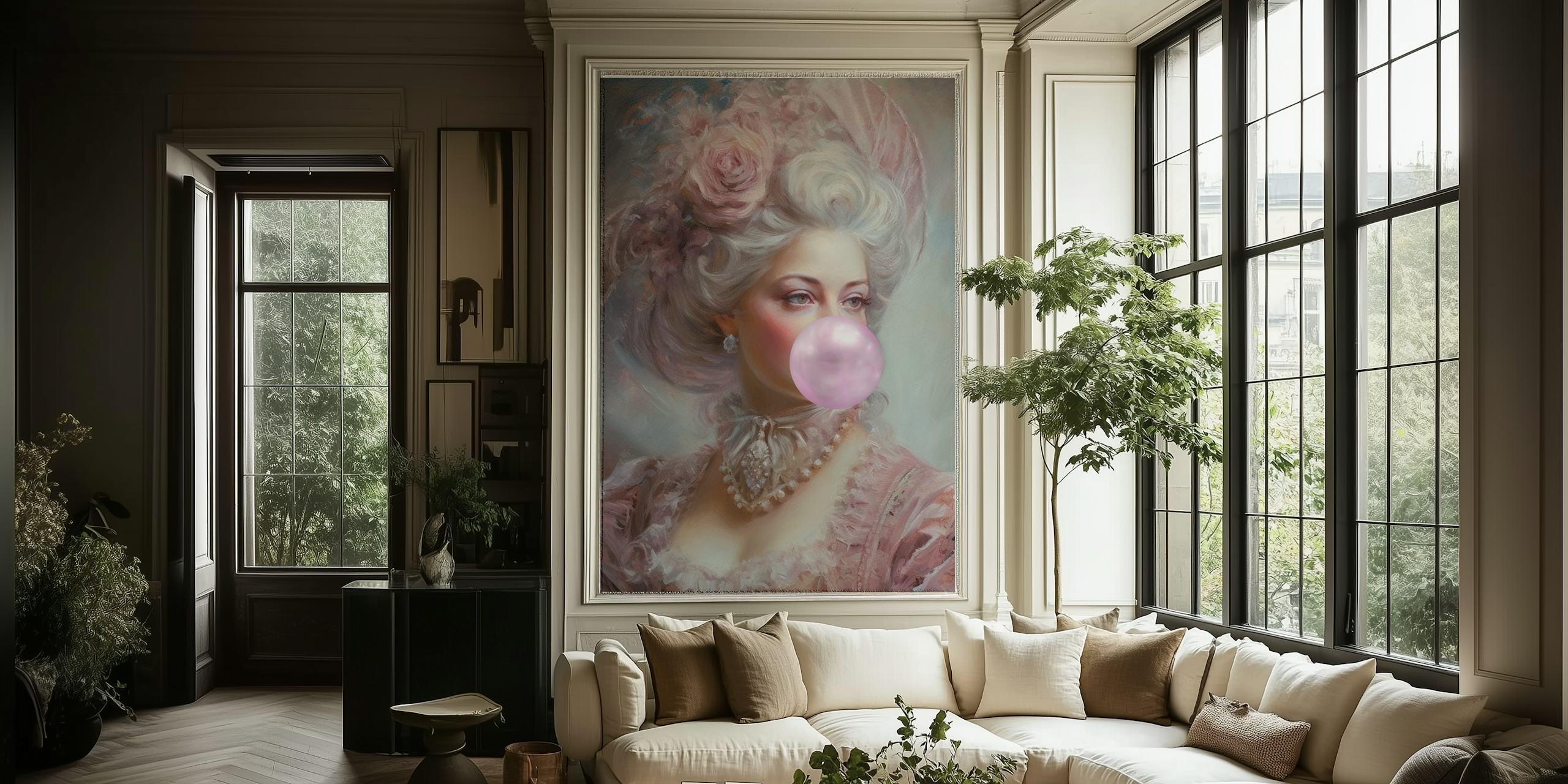 Marie Antoinette portrait with pink bubblegum wallpaper