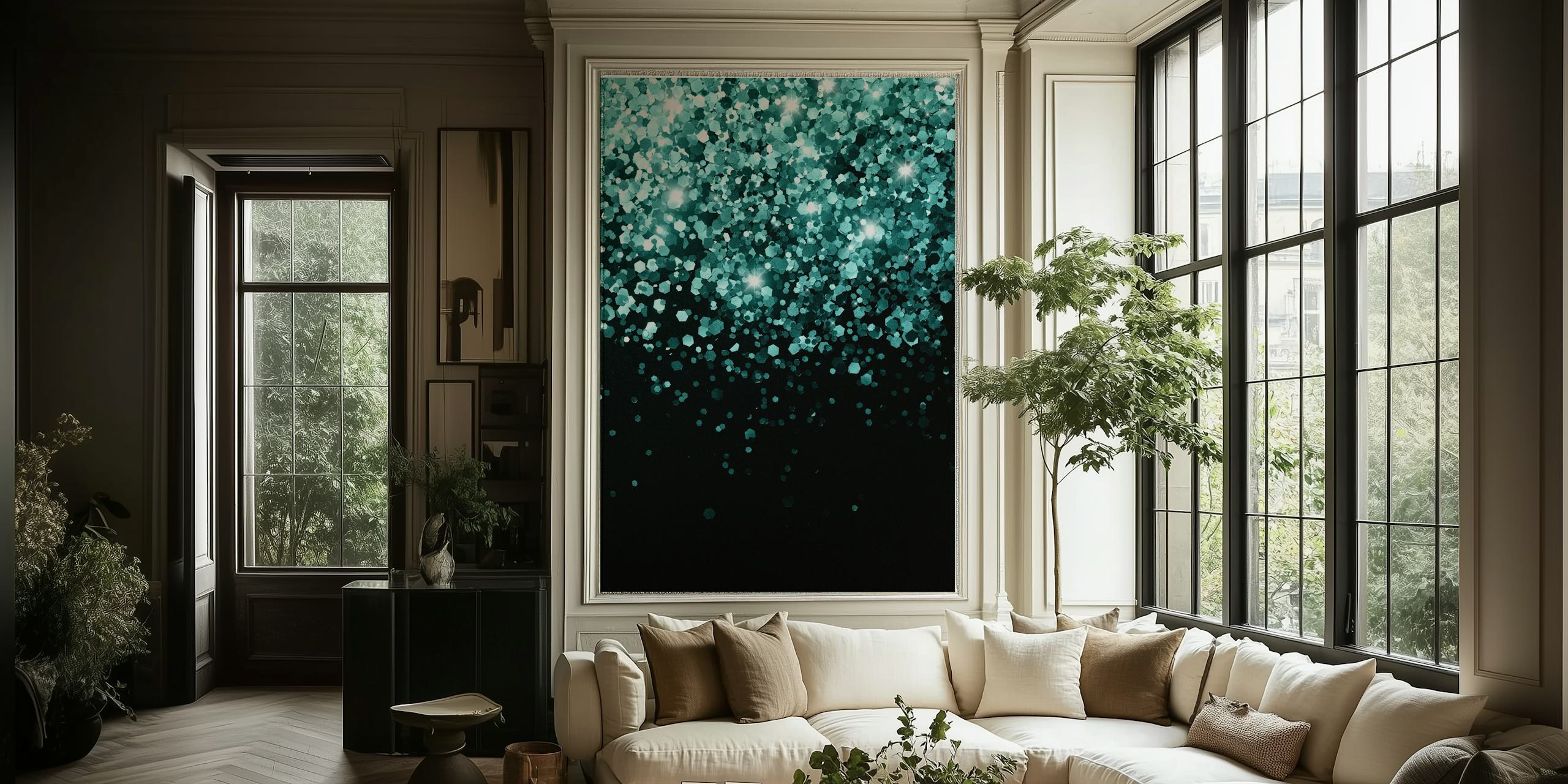 Teal mermaid ocean glitter wallpaper in a room