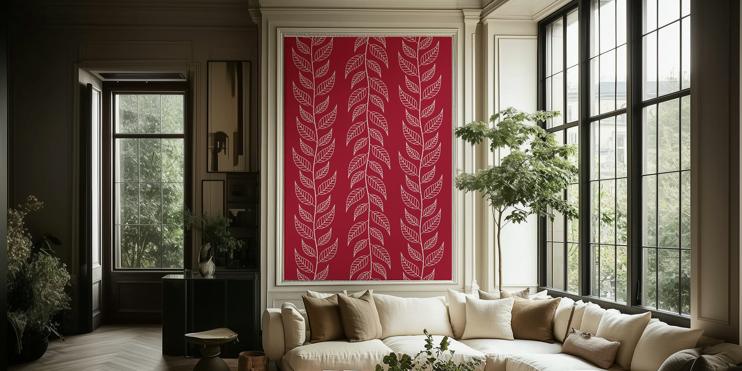 White leaves on burgundy background floral wallpaper