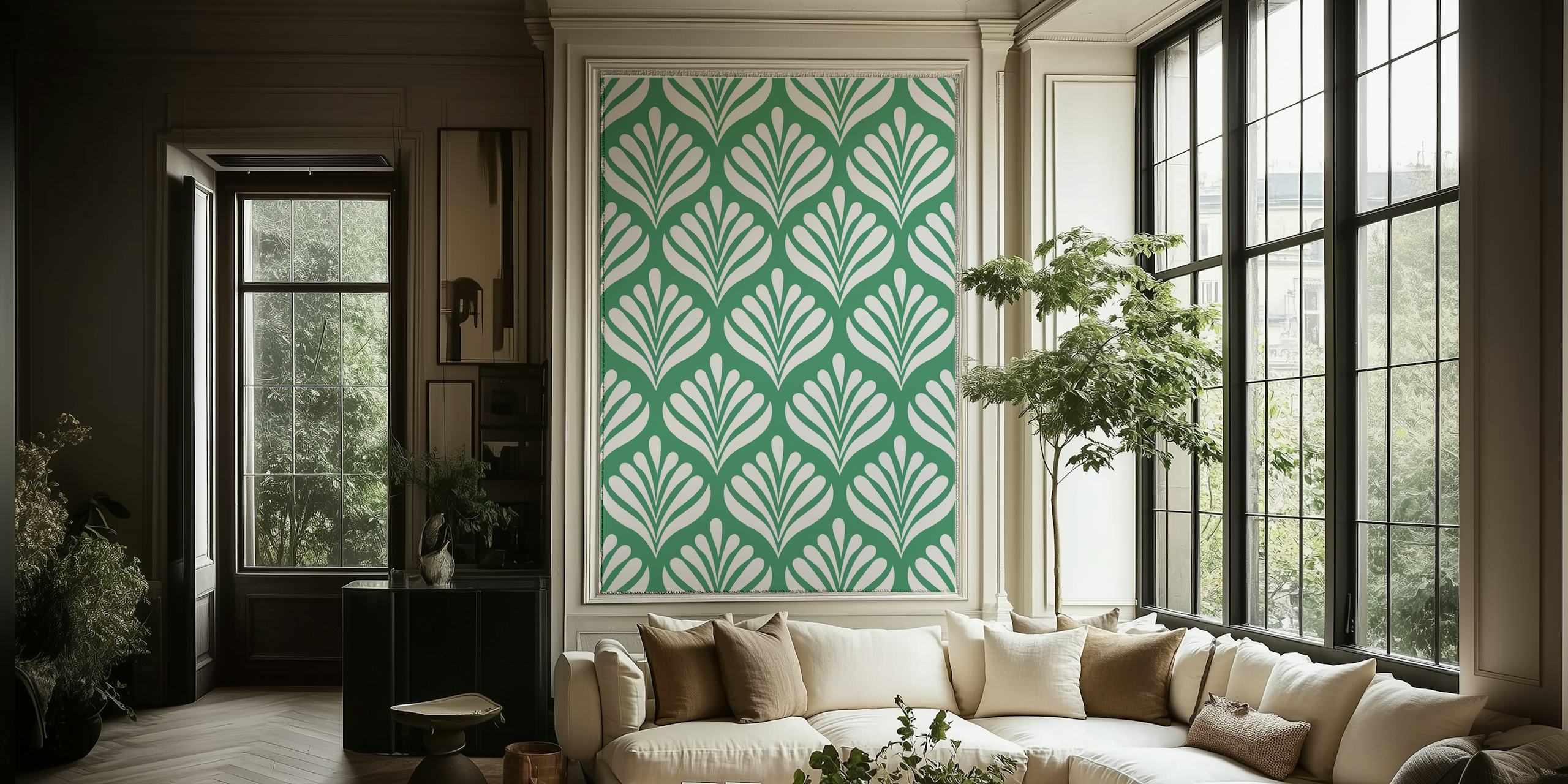 Papier peint avec des fleurs blanches sur un fond vert