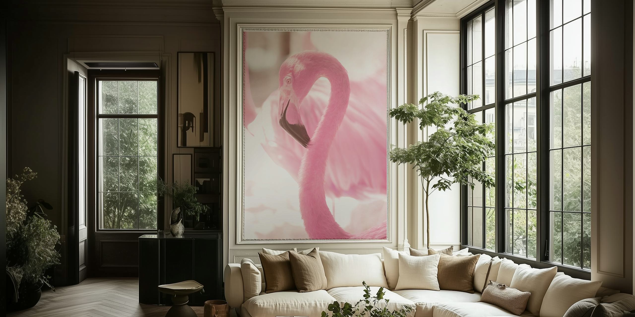 Pink flamingo with soft pink tones, floral style wallpaper
