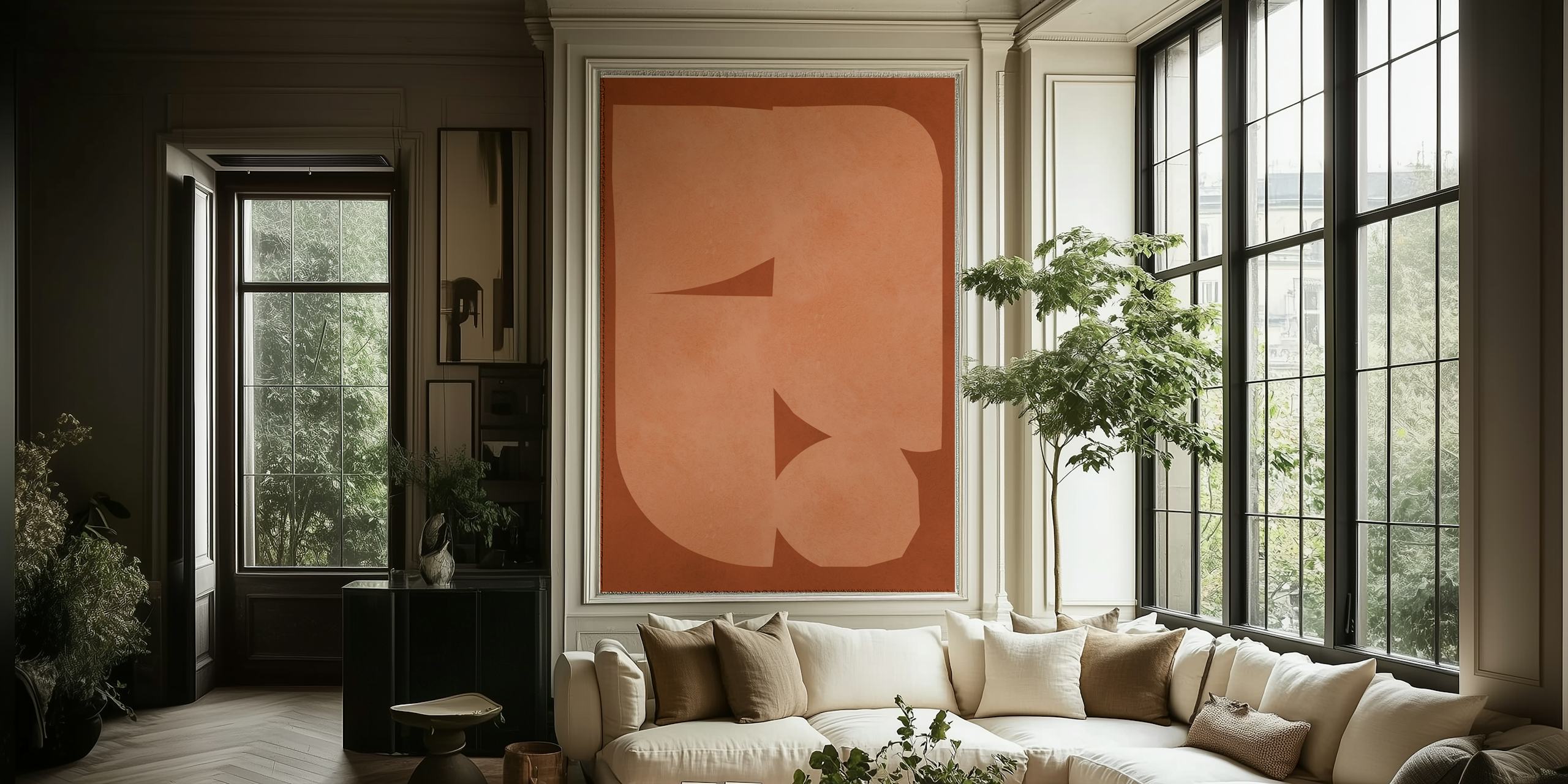 Abstract geometric shapes in terra cotta on a brown background wallpaper