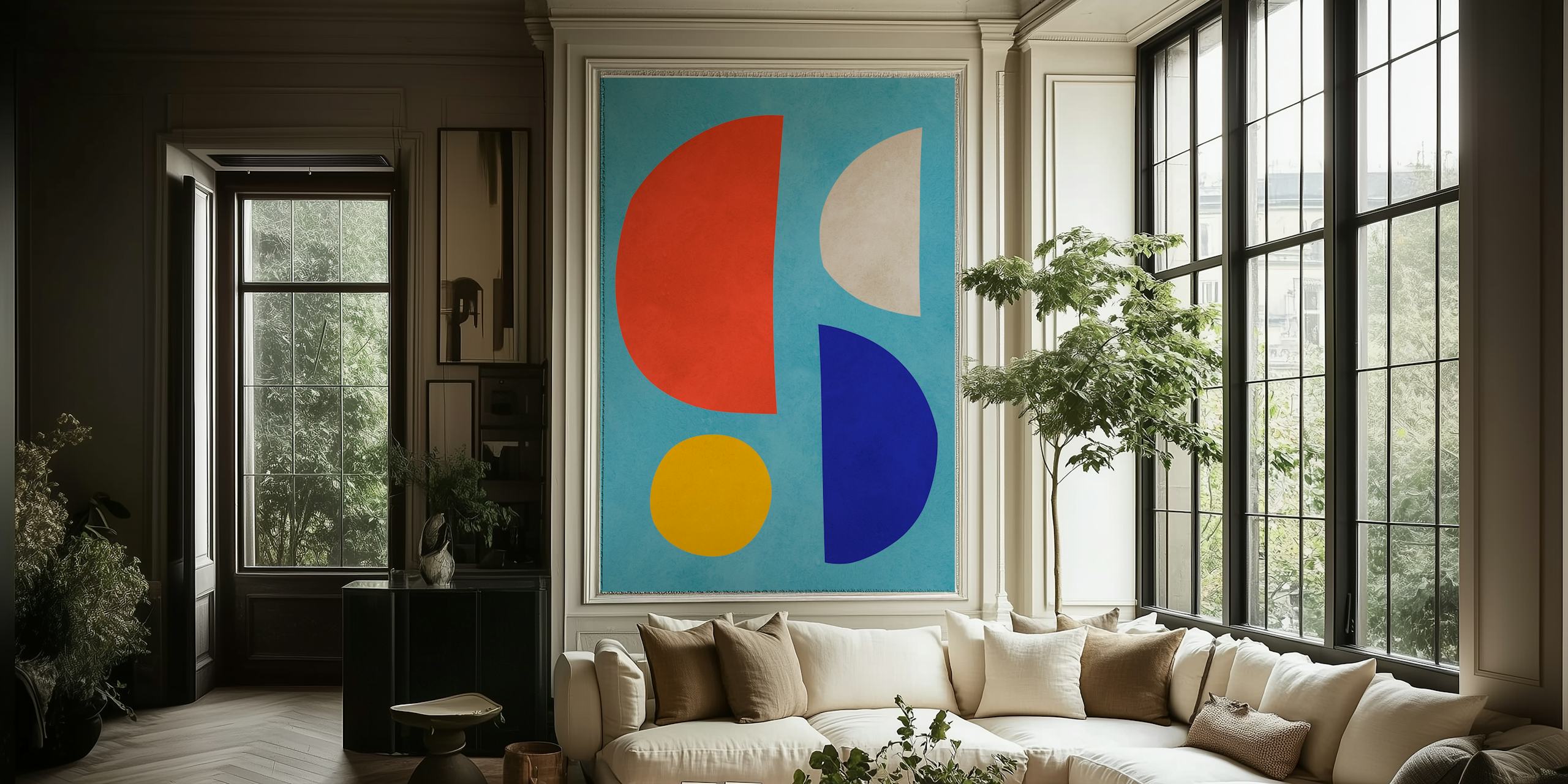 Colorful abstract geometric shapes in red, blue, yellow, and beige wallpaper