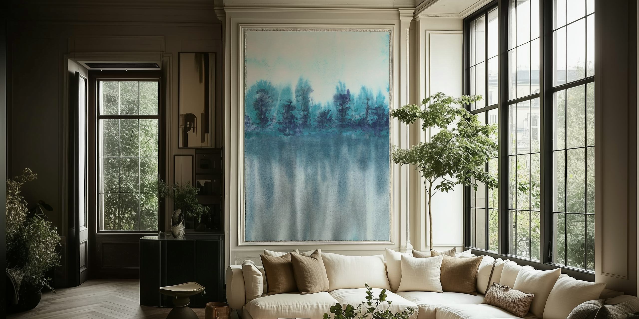 Watercolor dark blue forest wallpaper with soft greens and grays