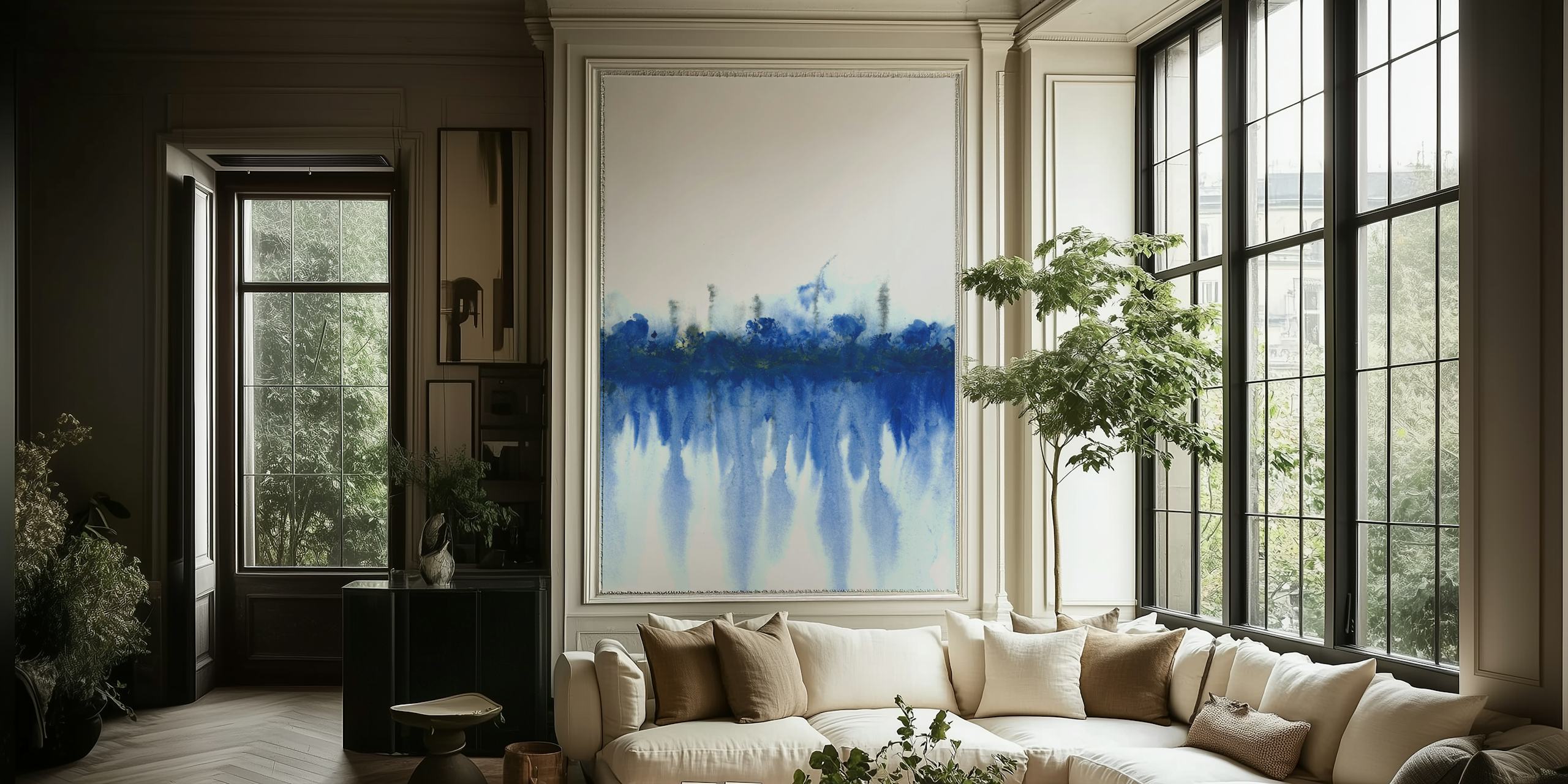 Blue forest wallpaper displayed in a room