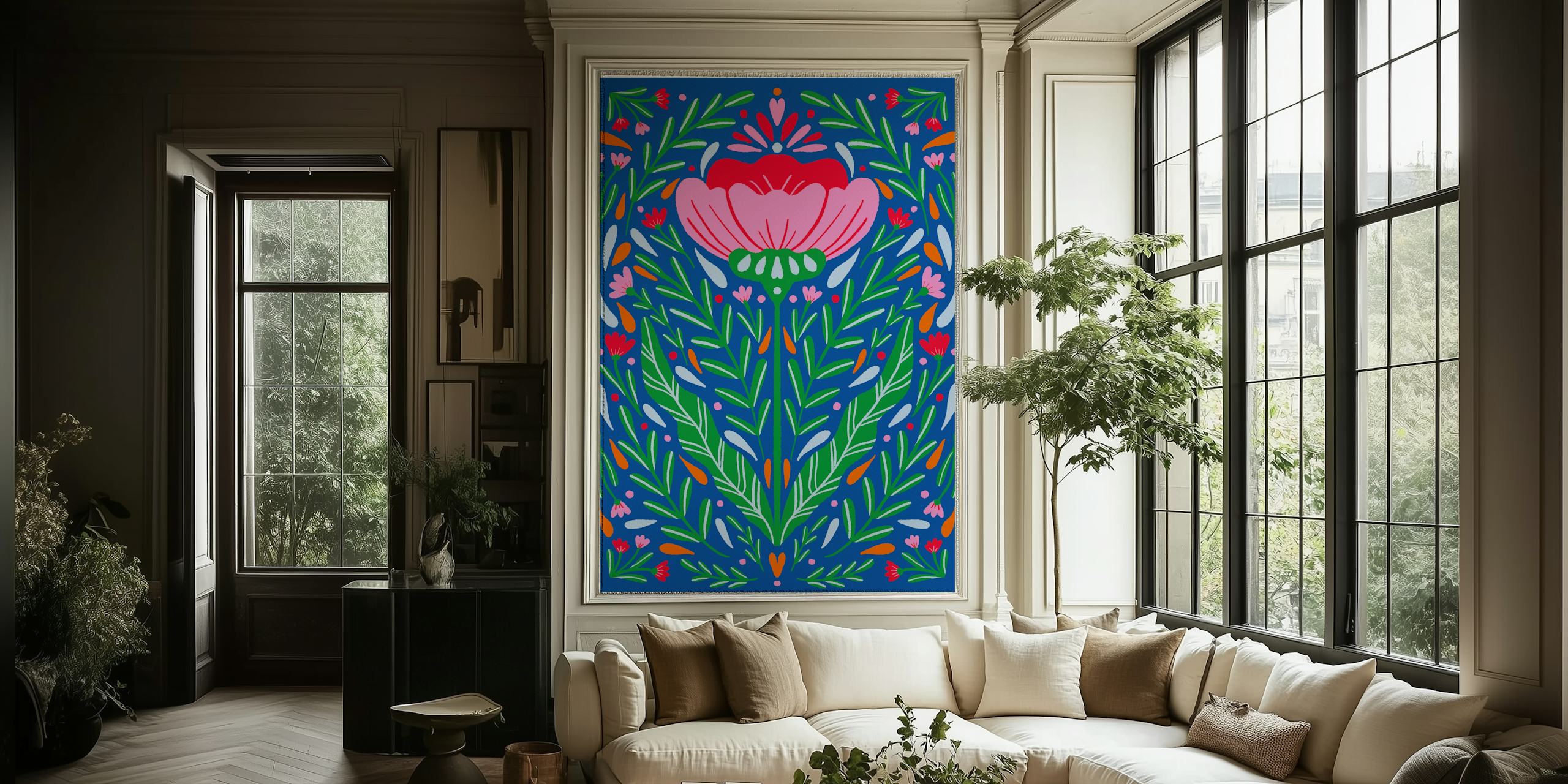Bold floral pattern wallpaper with pink flowers and green leaves on blue background