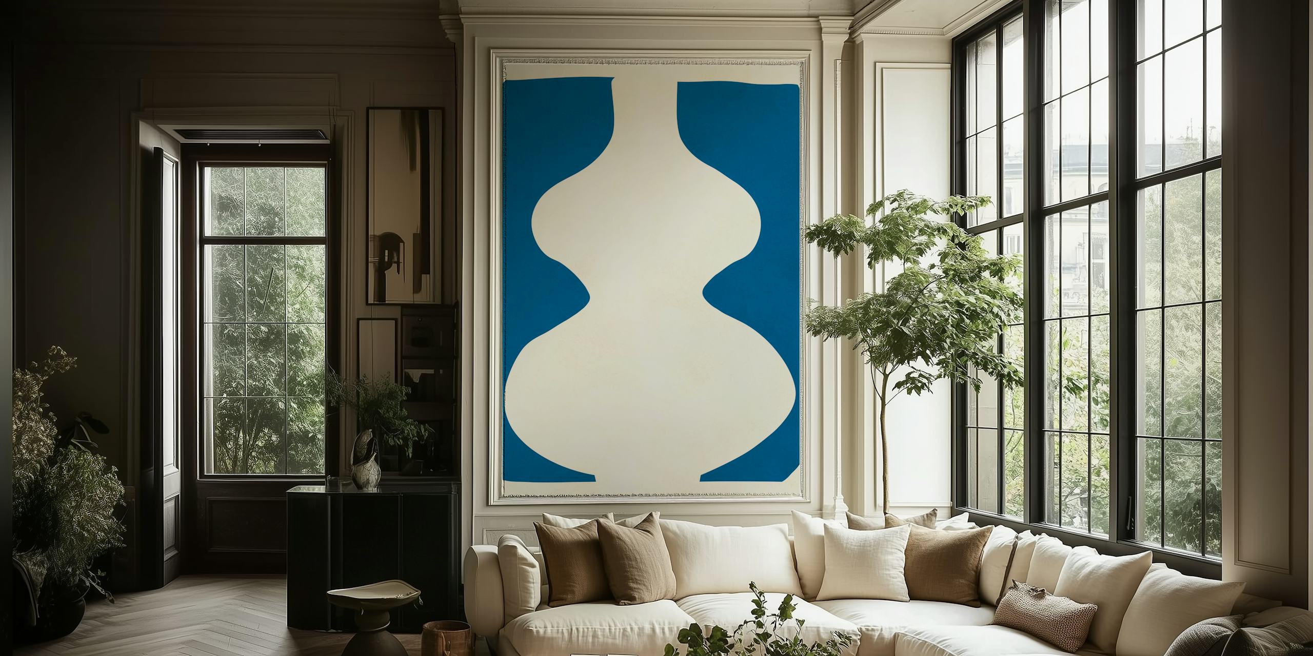 Abstract vase design in blue and cream colors wallpaper