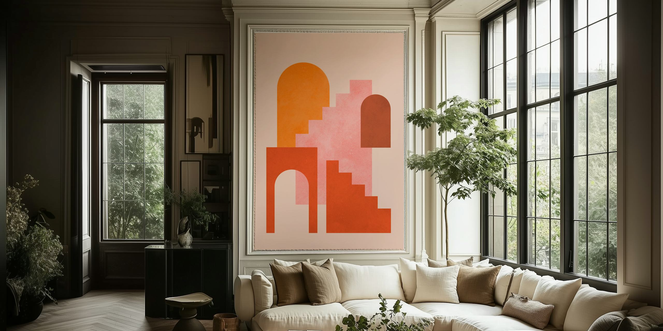 Abstract geometric shapes in warm tones of orange and pink wallpaper