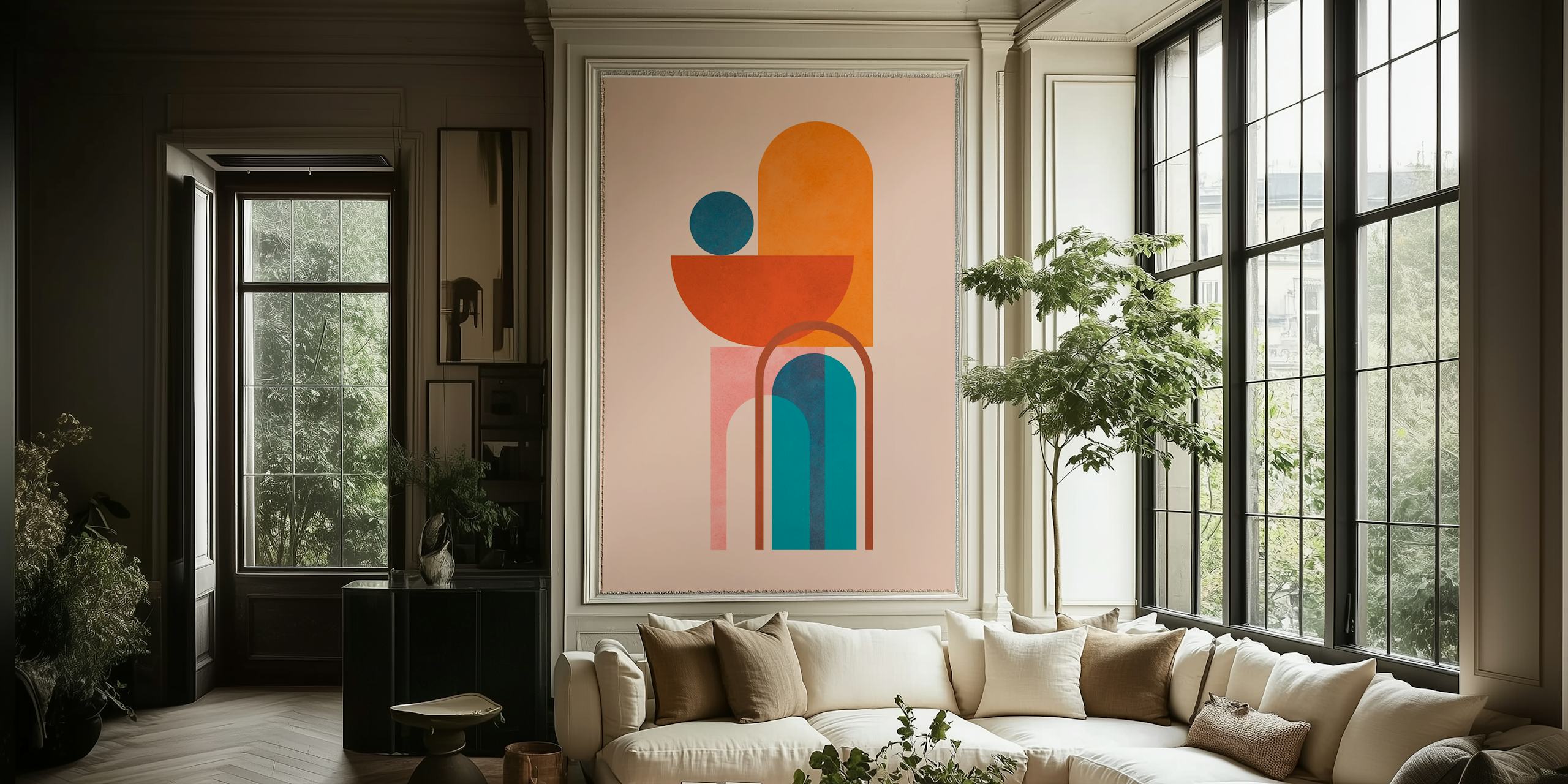 Abstract geometric shapes in warm colors; orange, blue, and pink; modern wallpaper